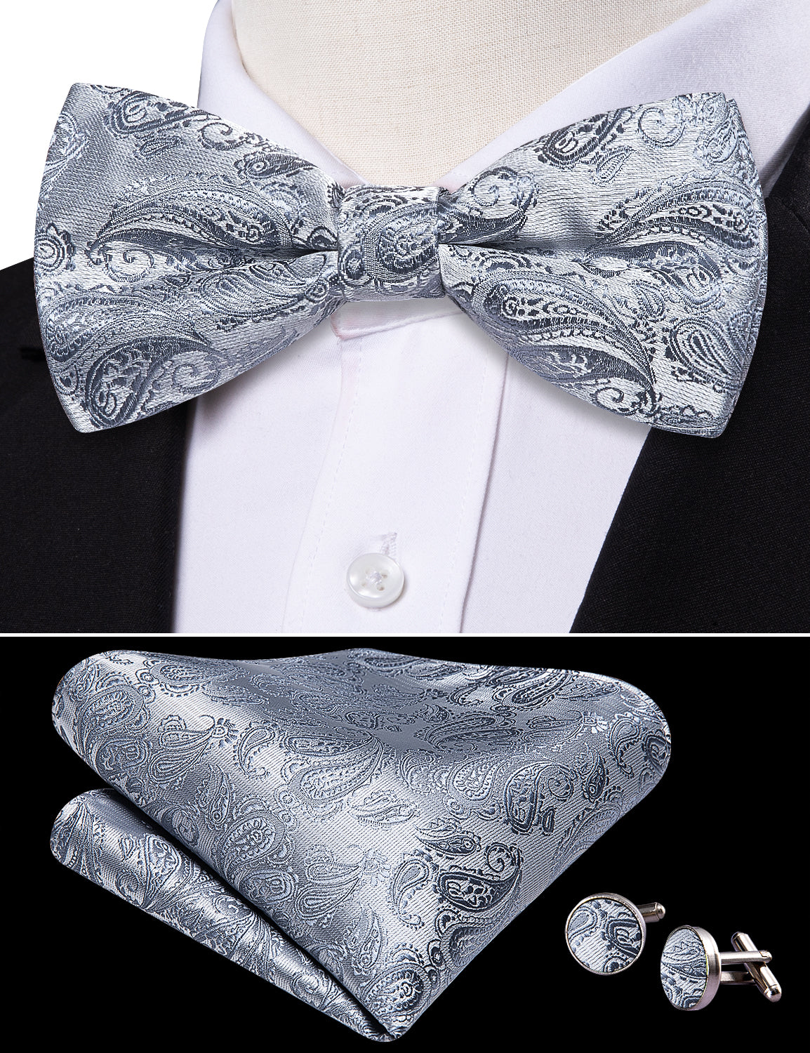 Barry. Wang Silver Bowtie for Wedding Adjustable Paisley Silk Pre-tied Bow Tie Hanky Cufflinks Set