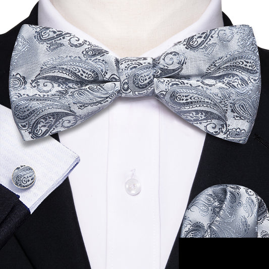 Barry. Wang Silver Bowtie for Wedding Adjustable Paisley Silk Pre-tied Bow Tie Hanky Cufflinks Set