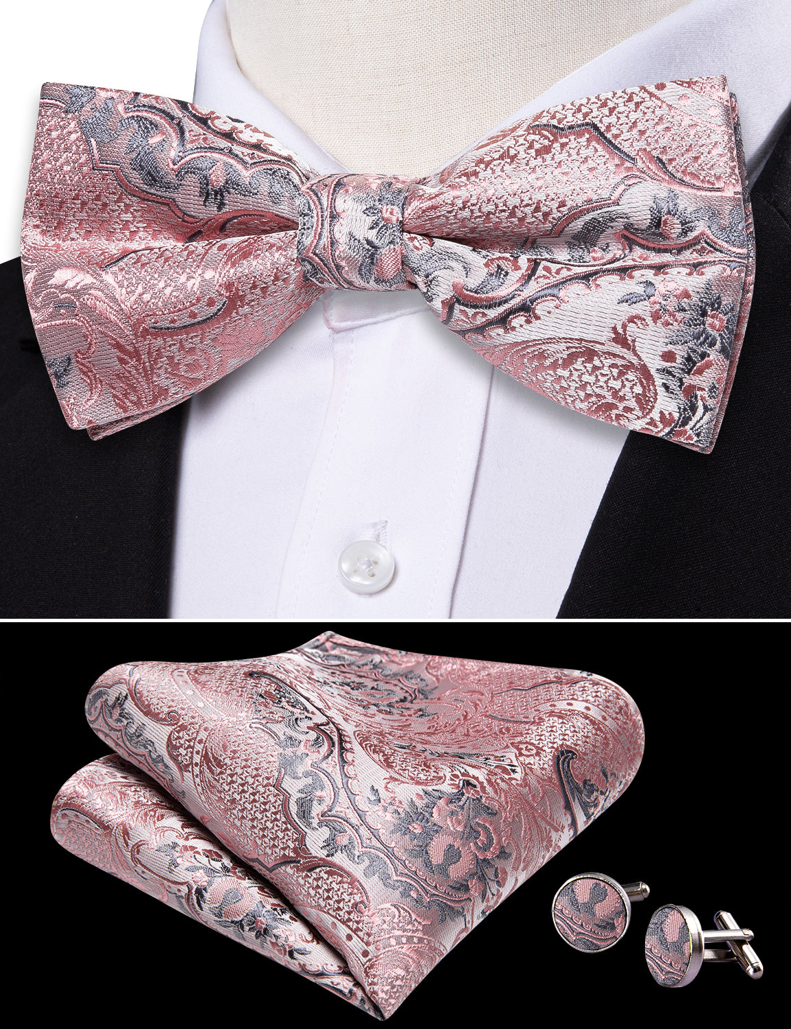 Barry. Wang Rose Gold Bowtie Set for Wedding Jacquard Pre-tied Silk Bow Tie Pocket Square Cufflinks Set