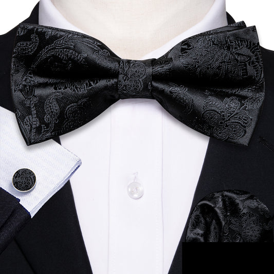 Barry. Wang Solid Black Bow Tie Hanky Cufflinks Set for Men Silk Pre-tied Bowtie for Wedding Party