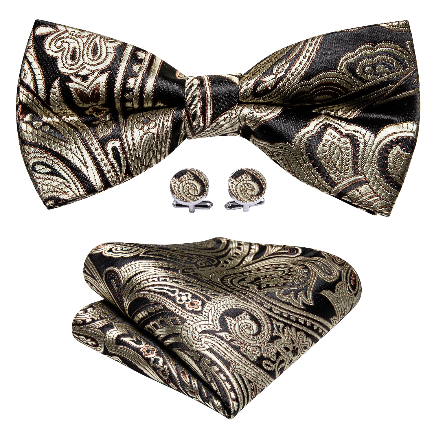 Men Brown Grey Paisley Pre-tied Bow Tie Hanky Cufflinks Set