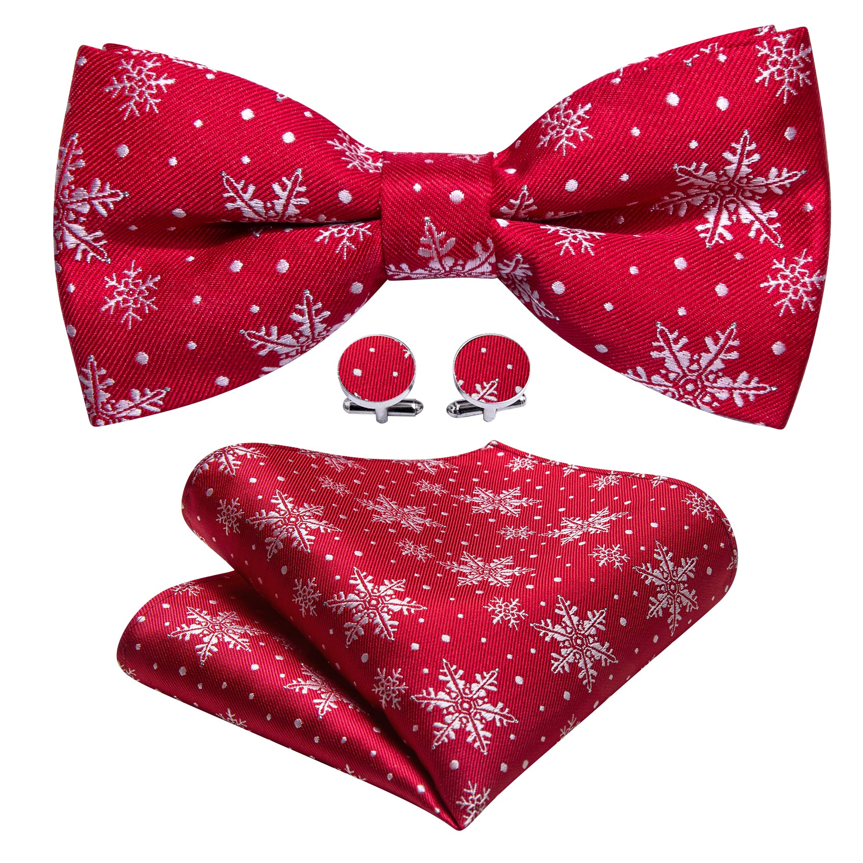 Barry.wang Christmas Tie Red White Snowflake Silk Pre-tied Bow Tie Hanky Cufflinks Set