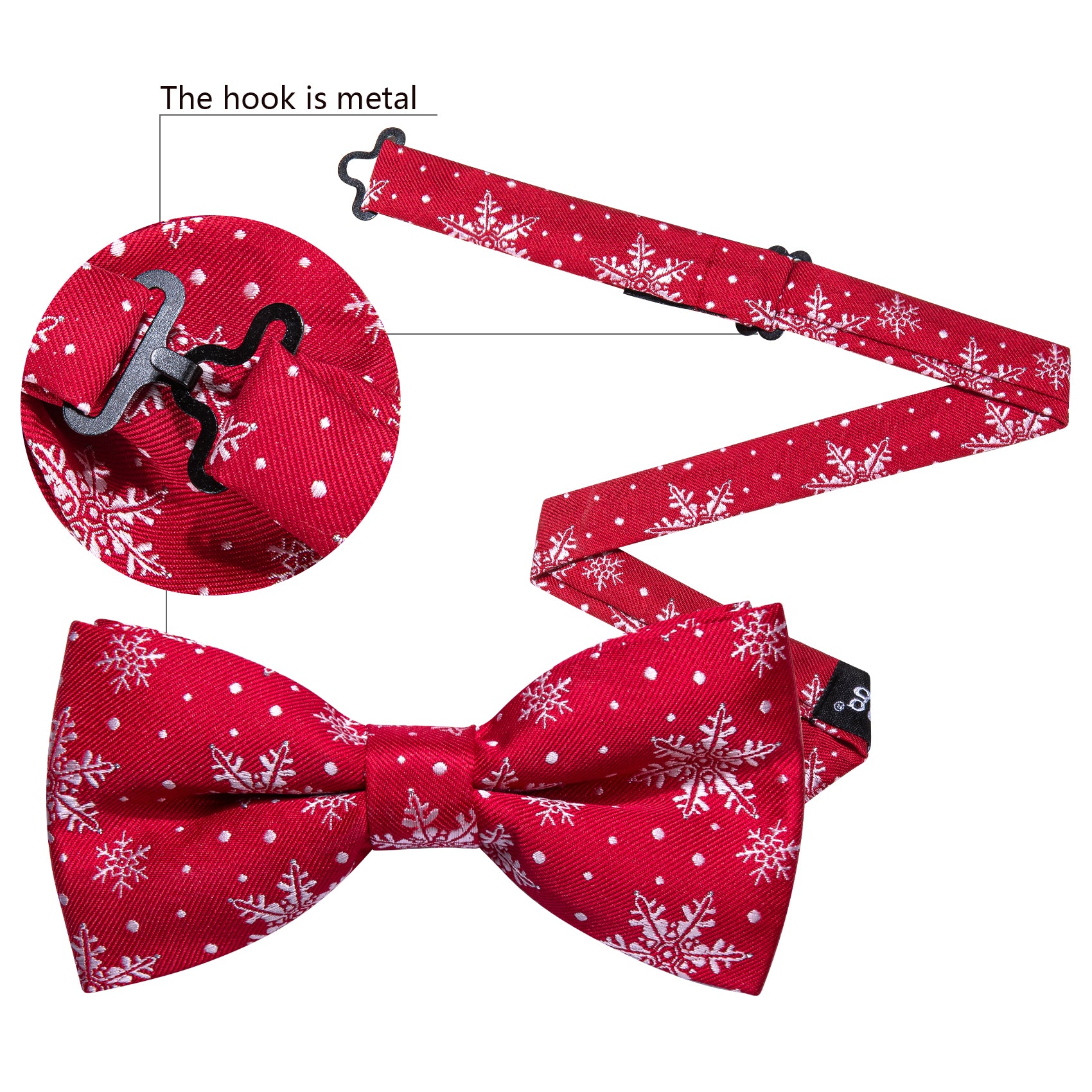 Barry.wang Christmas Tie Red White Snowflake Silk Pre-tied Bow Tie Hanky Cufflinks Set