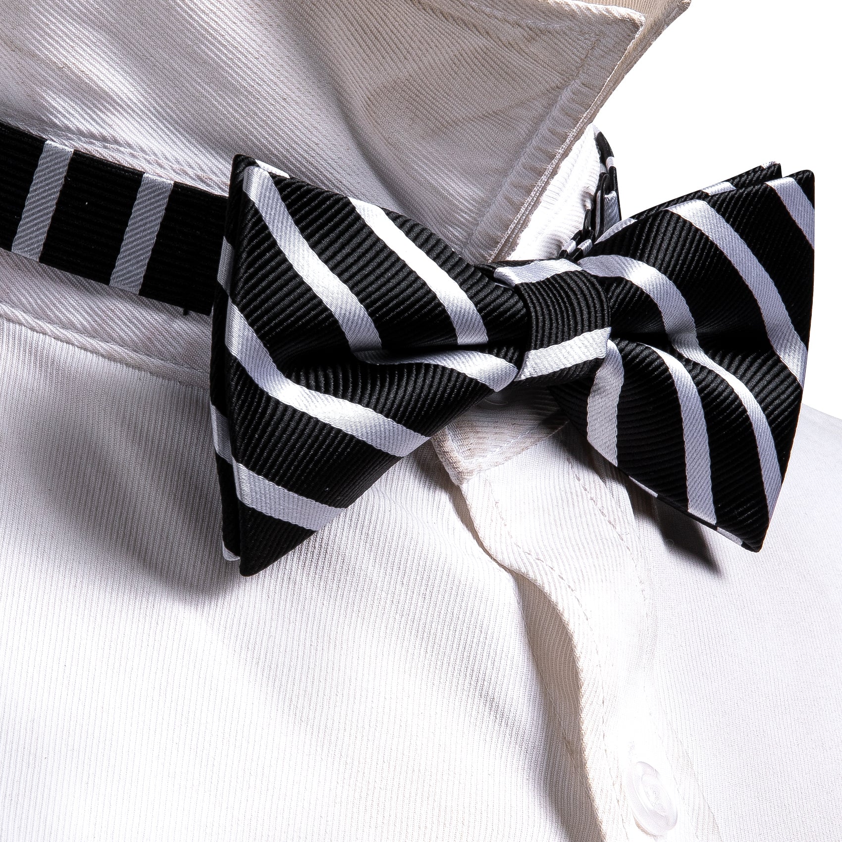 Black White Striped Pre-tied Bow Tie Hanky Cufflinks Set