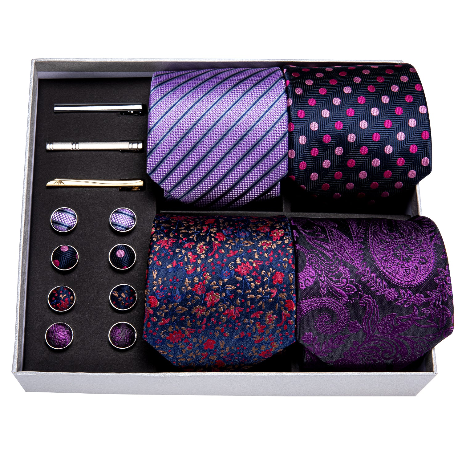 red floral tie  blue pink polka dots tie  black purple floral  tie  and purple stripe tie 