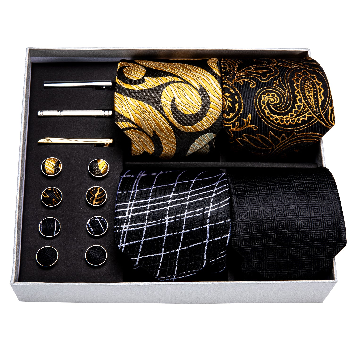 4pcs Men Black Golden Paisley Silk Mens Necktie Pocket Square Cufflinks Clip Gift Box Set