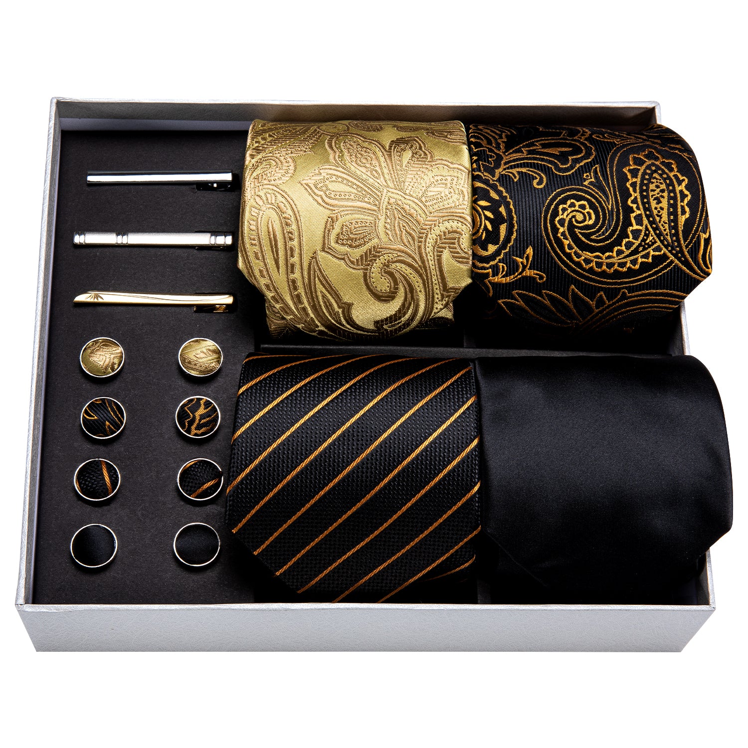 Barry.wang Black Tie 4pcs Gold Black Floral Silk Mens Necktie Pocket Square Cufflinks Clip Gift Box Set