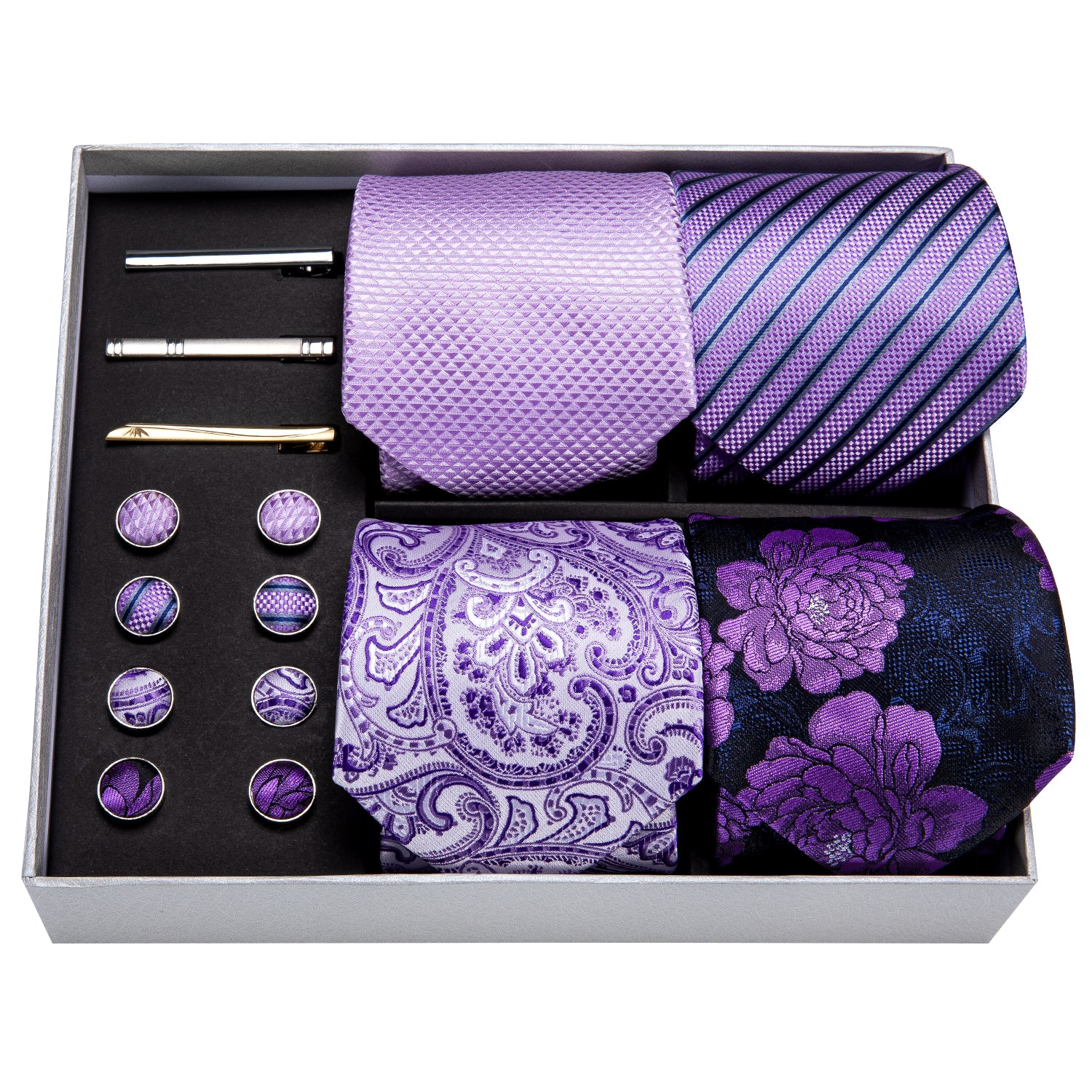 purple necktie with cufflinks and tie clip 