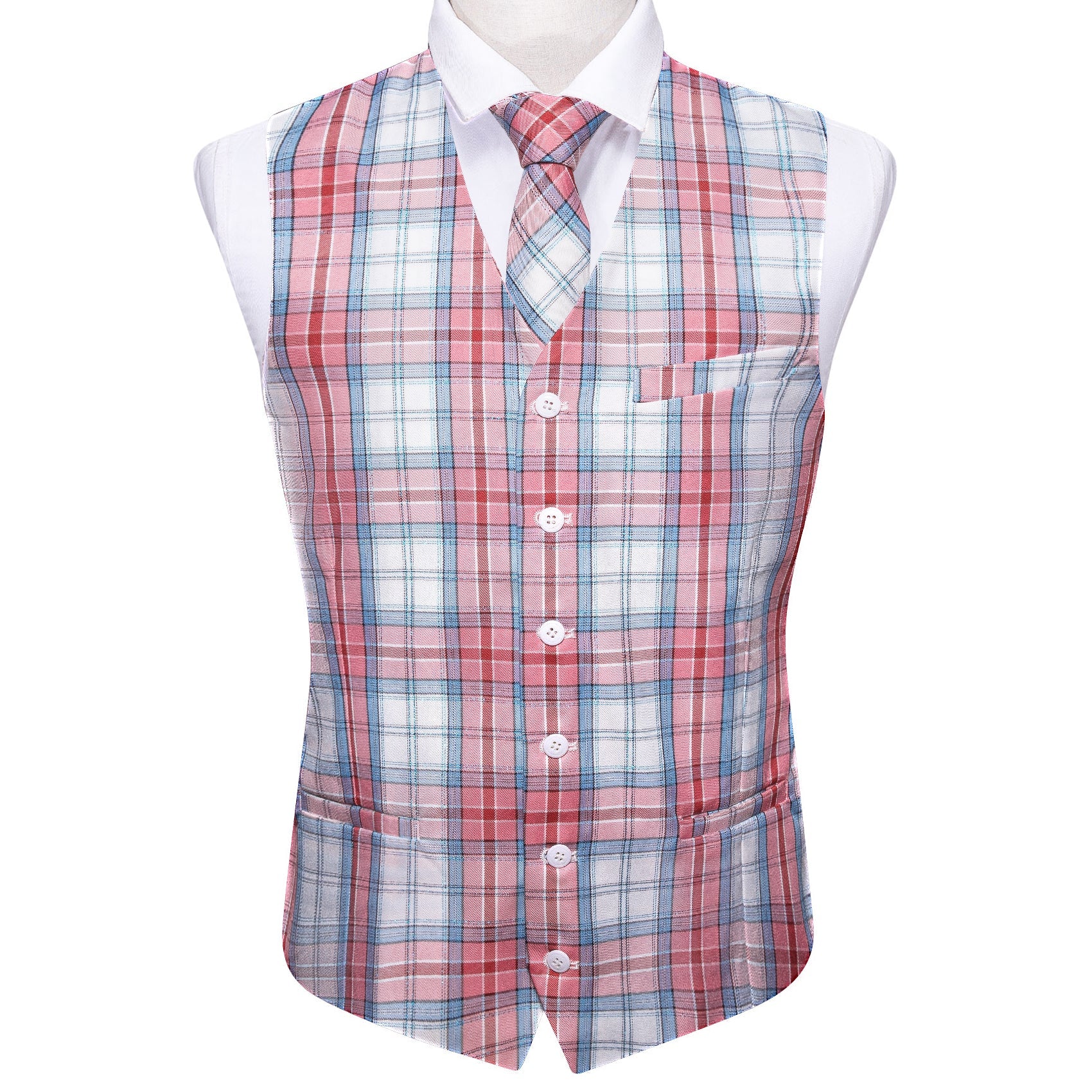 Barry.wang Men's Work Vest Pink Blue Plaid V-Neck Vest Necktie Set for Men Luxury
