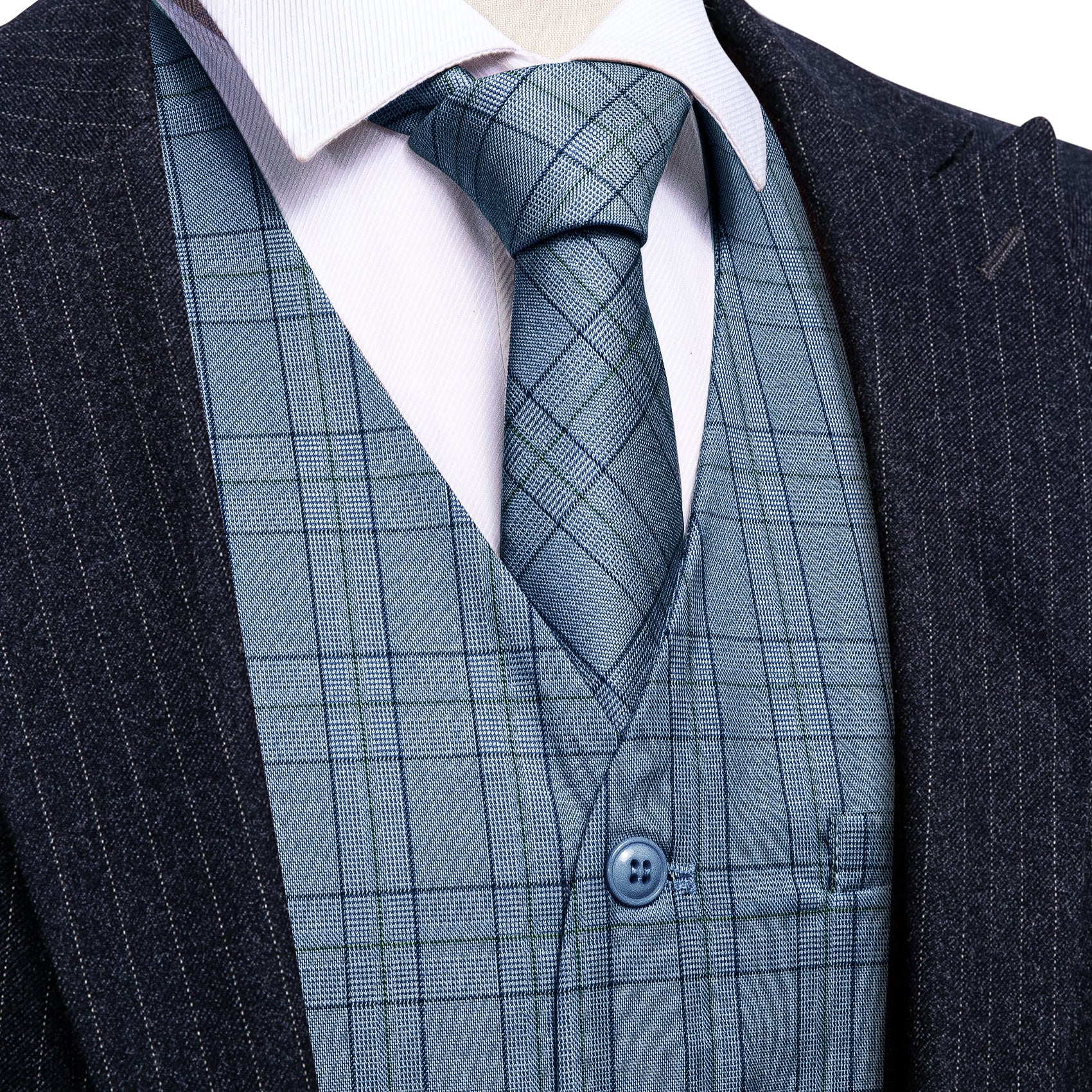 Classy Blue Black Plaid Vest Necktie Set