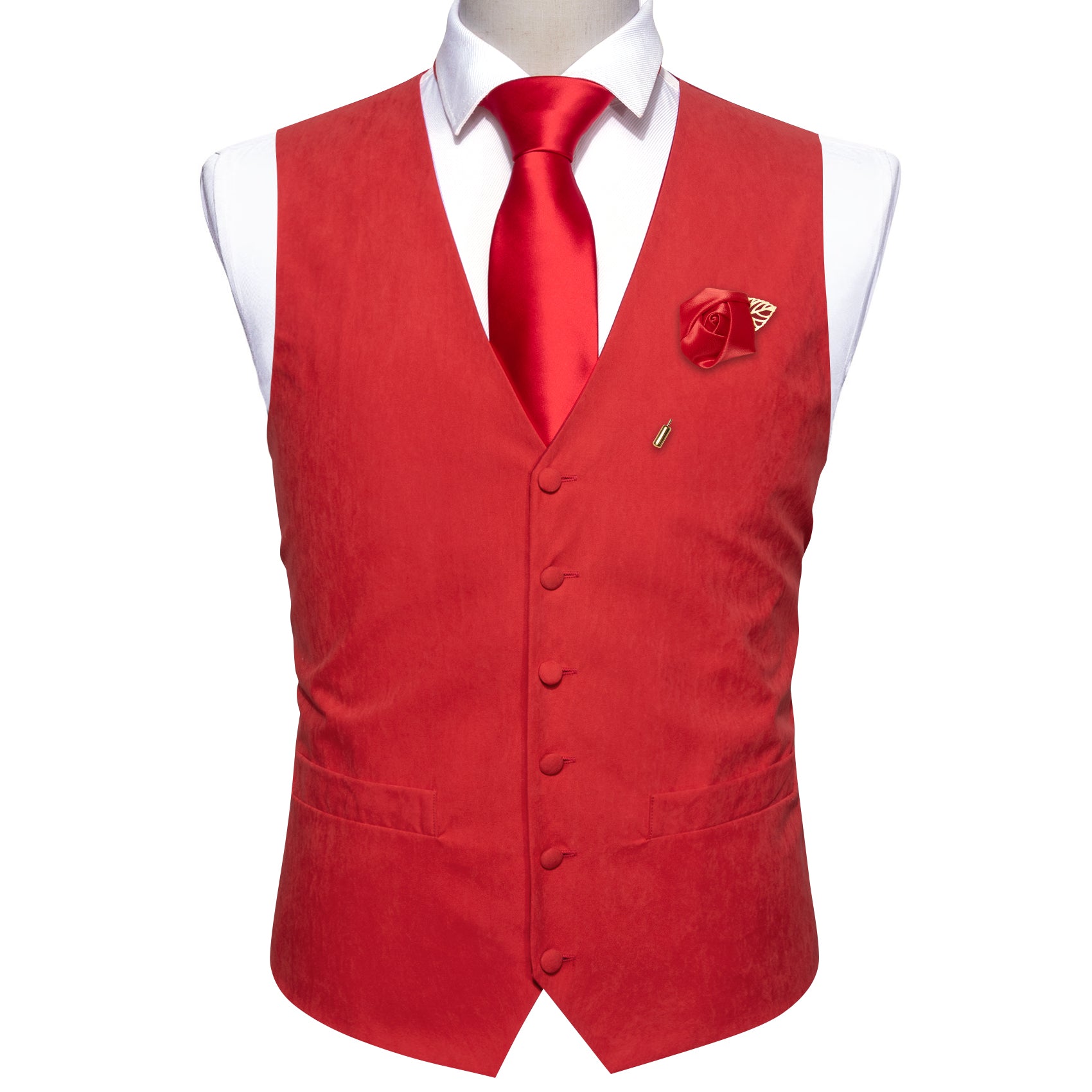 Men's Red Solid Silk Waistcoat Vest with Lapel Pin