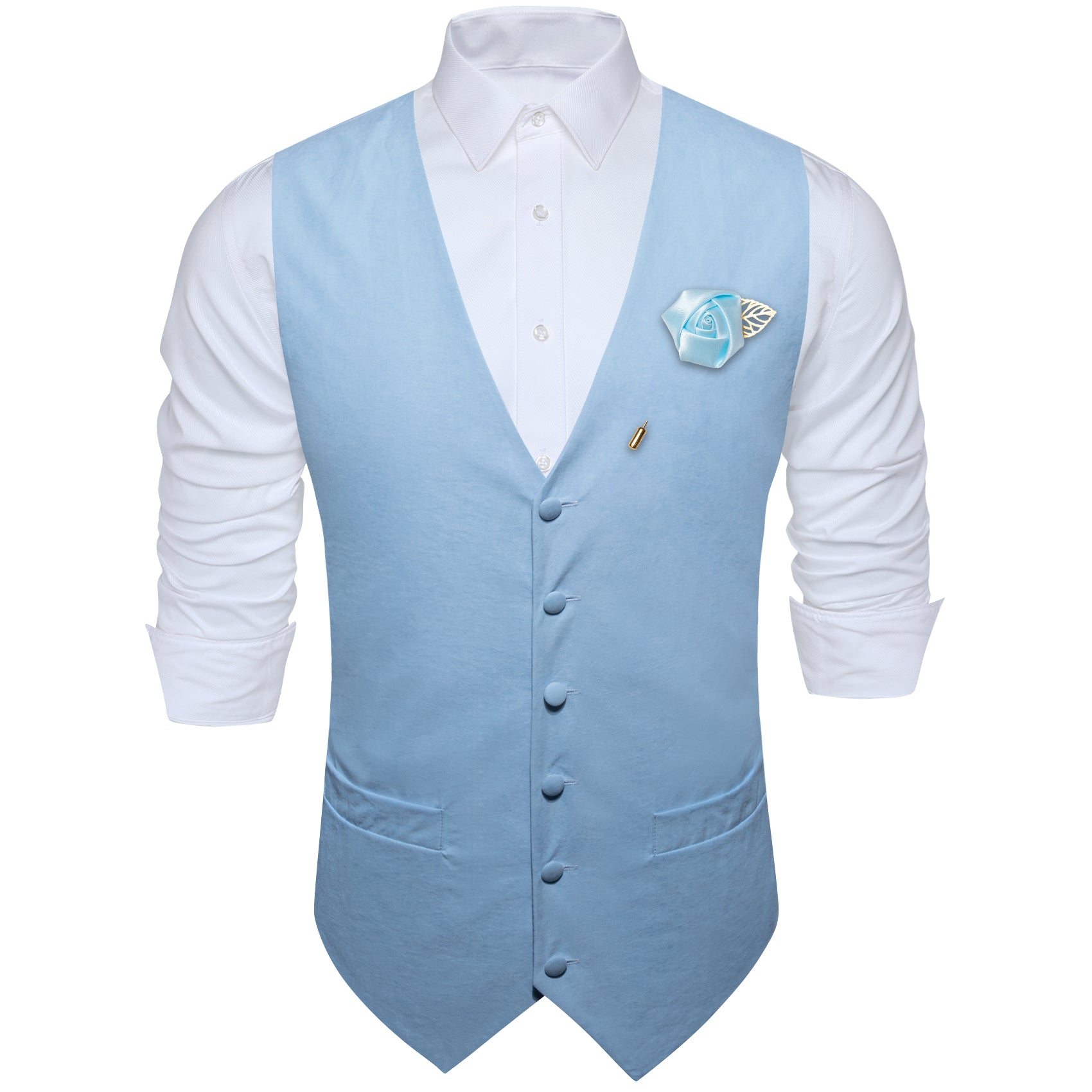 Pale Blue Solid Silk Waistcoat Vest with Lapel Pin