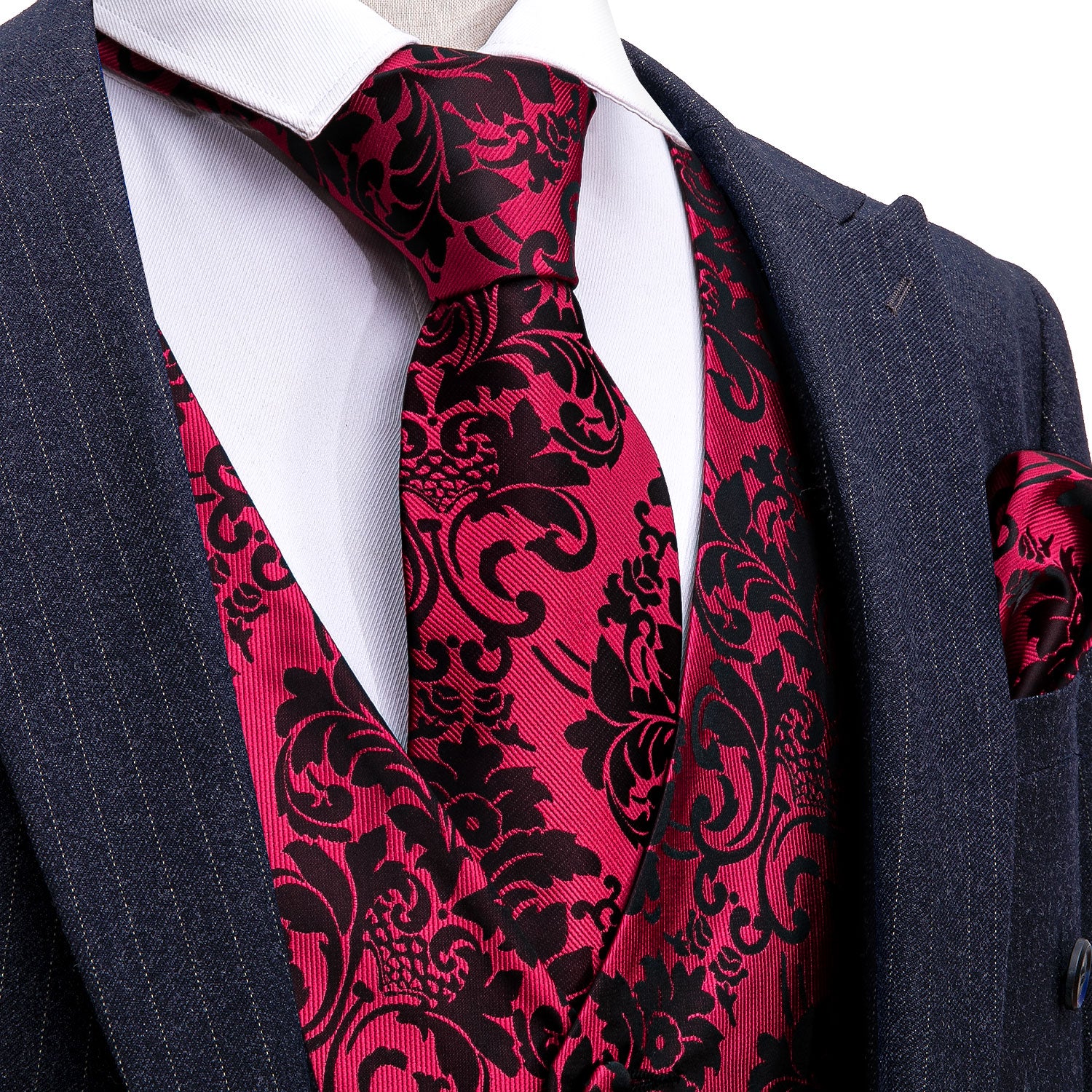 Barry. Wang Red Suit Vest Black Floral Jacquard V-neck Dress Vest Tie Hanky Cufflinks Set, 2XL Barry. Wang Red Suit Vest Black Floral Jacquard V-neck Dress Vest Tie Hanky Cufflinks Set, 2XL