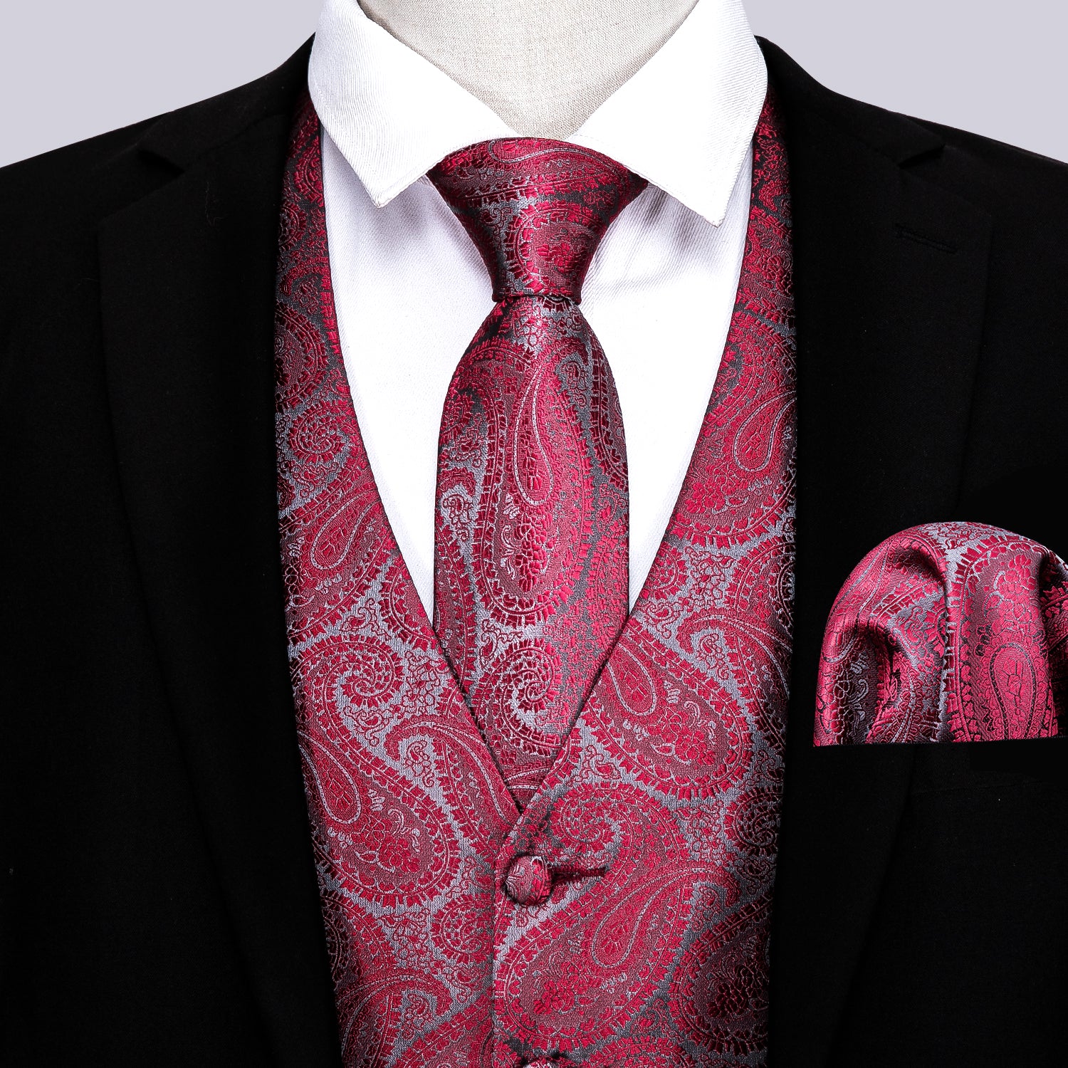 Men's Hotpink Paisley Silk Tuxedo Vest Necktie Pocket Square Cufflinks Set