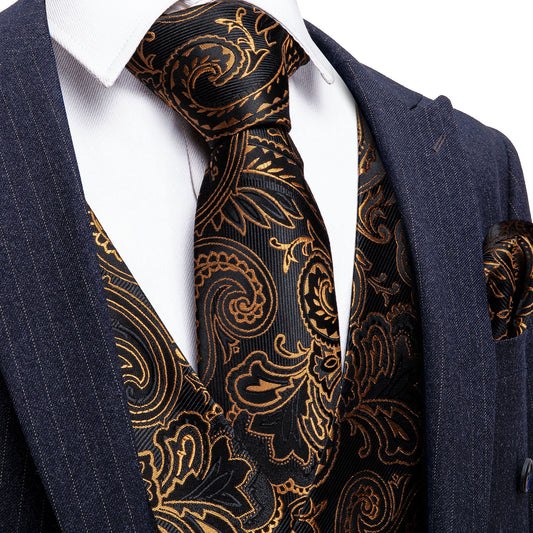 Barry. Wang Gold Paisley Suit Vest Black Formal Dress Waistcoat Tie Hanky Cufflinks Set