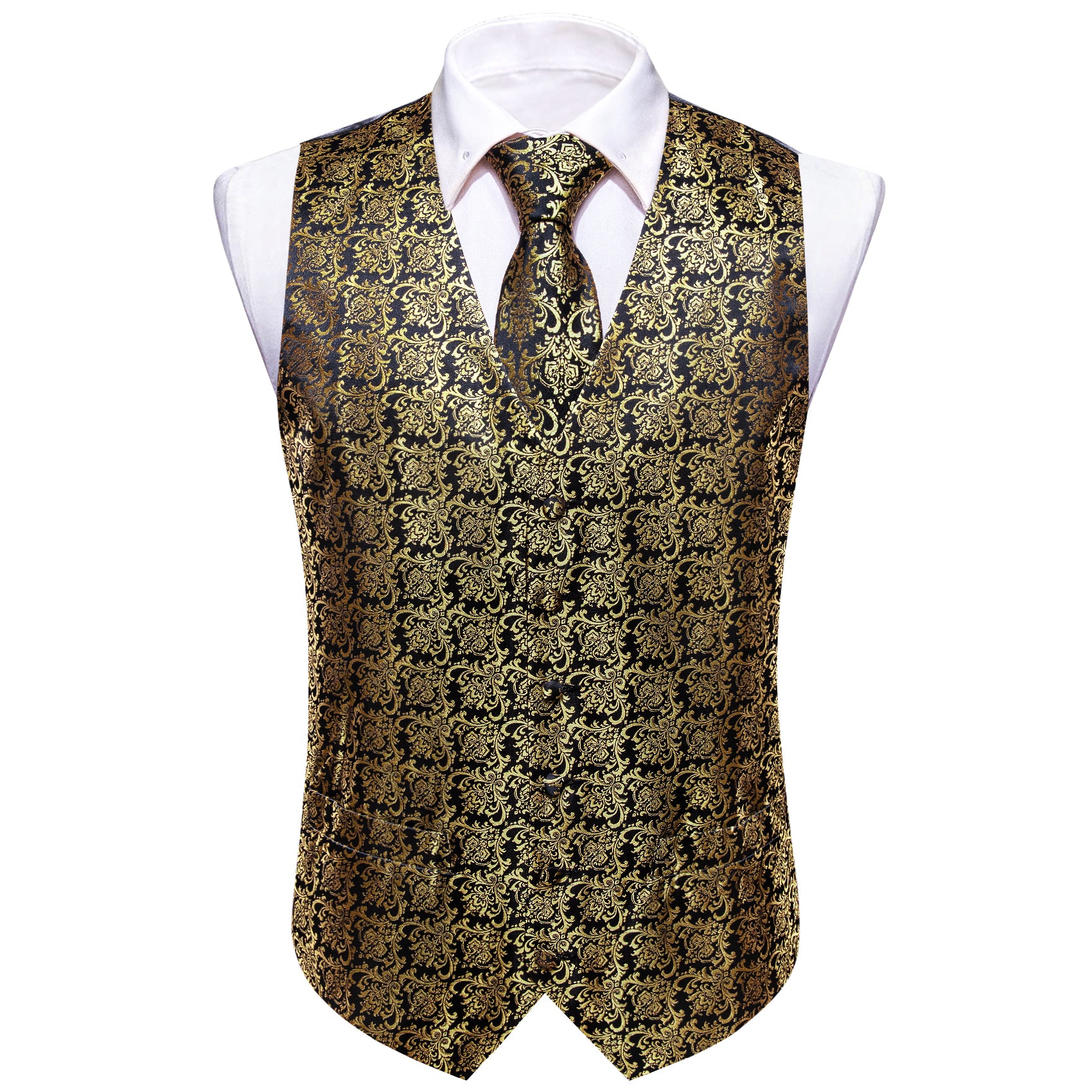 Luxury Men's Brown Black Floral Silk Vest Necktie Pocket square Cufflinks