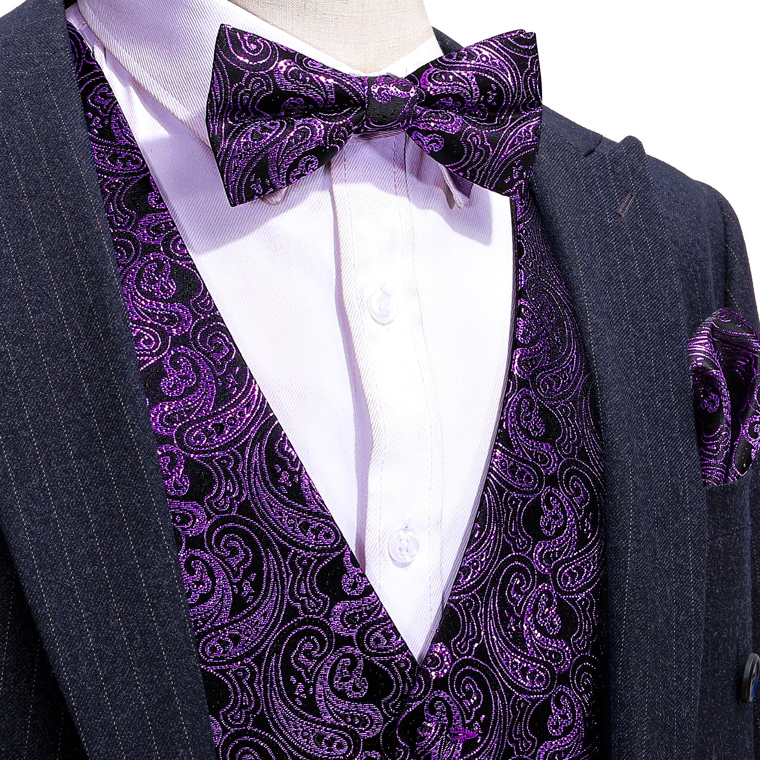 Black Purple Paisley Silk Vest Bow tie black suit with vest bow tie suit