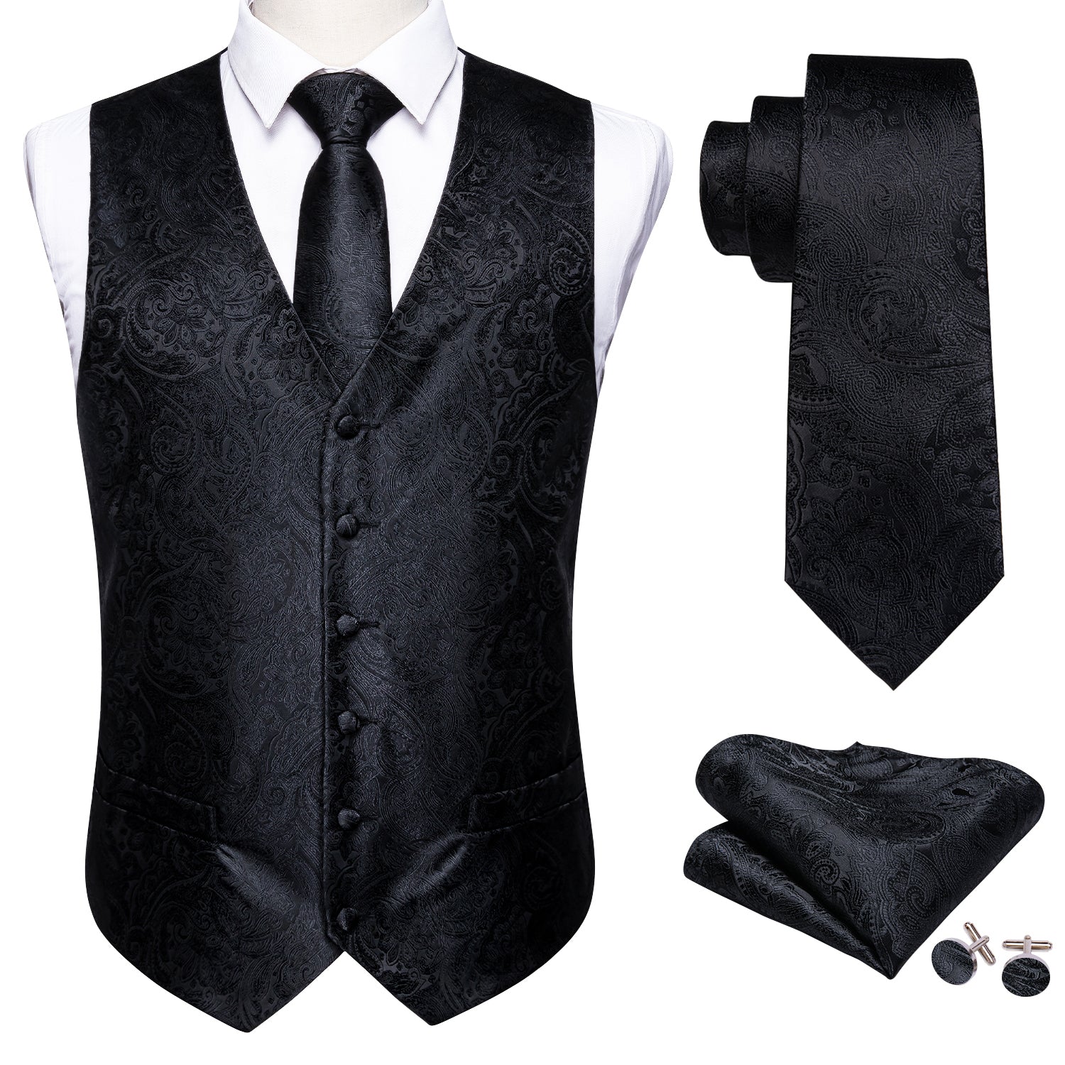 Men's Black Paisley Silk Vest Necktie Pocket Square Cufflinks