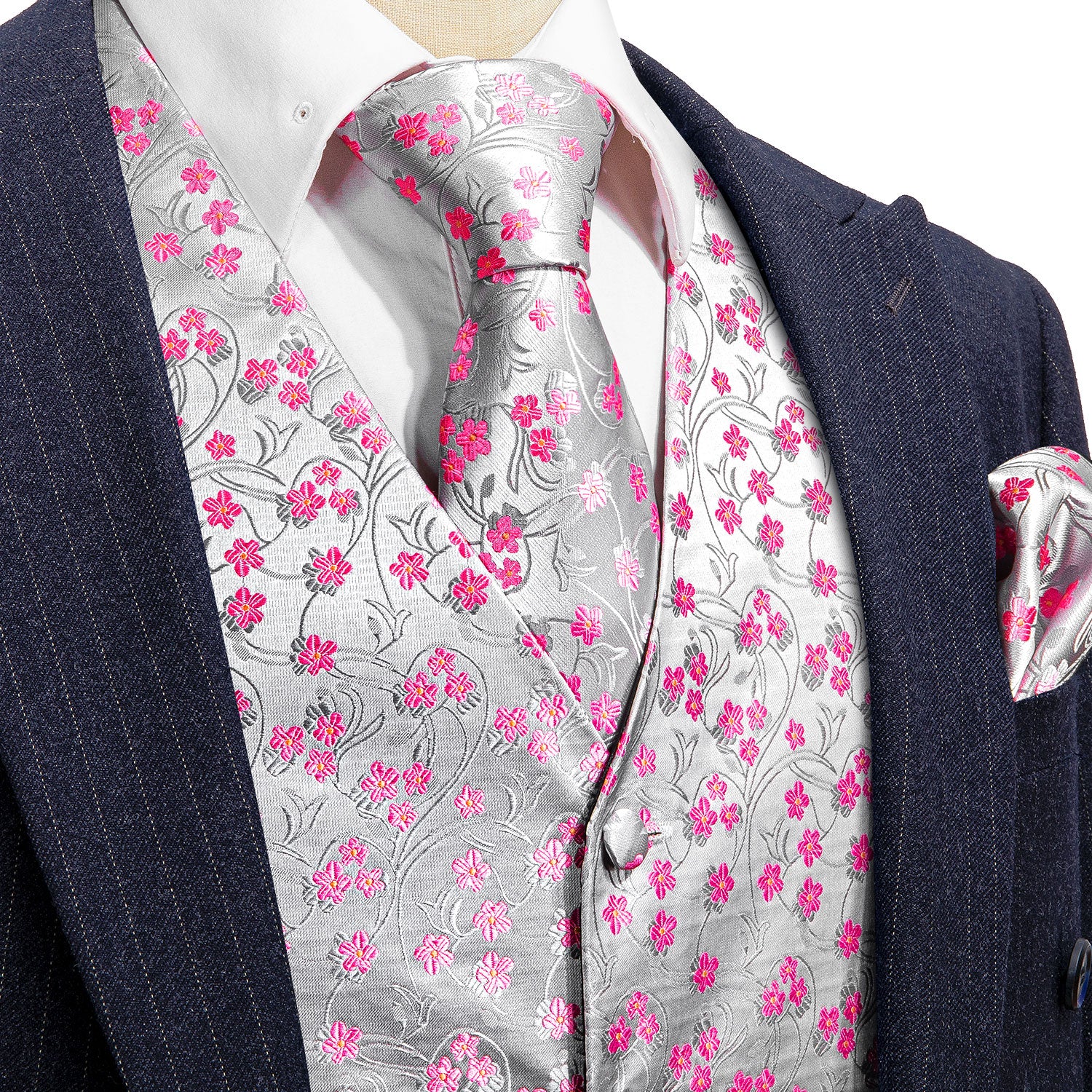pink floral silver necktie waistcoat coat and black suit blazer