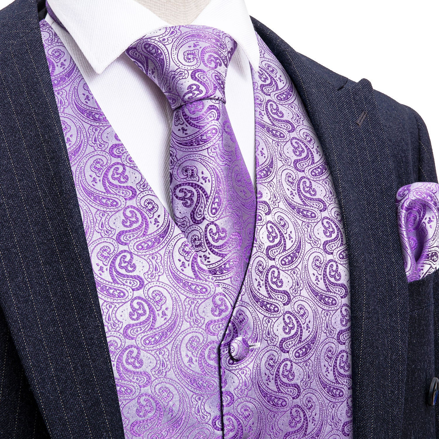Men's Purple Paisley Silk Vest Necktie Pocket square Cufflinks