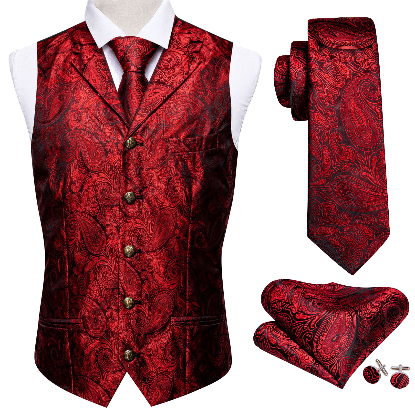 Men's Vest Bright Red Paisley Silk Vest Necktie Set