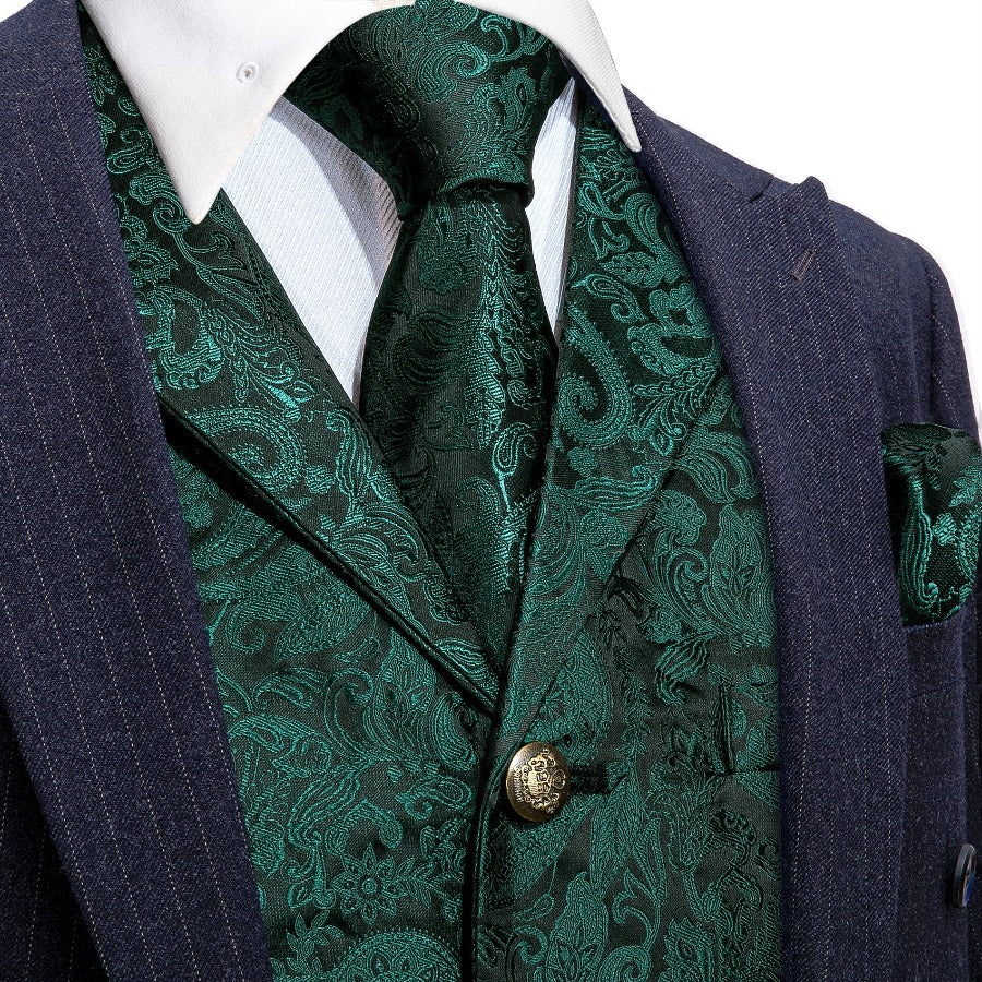 Dark green vest matched with striped navy blue notched collar suit blazer