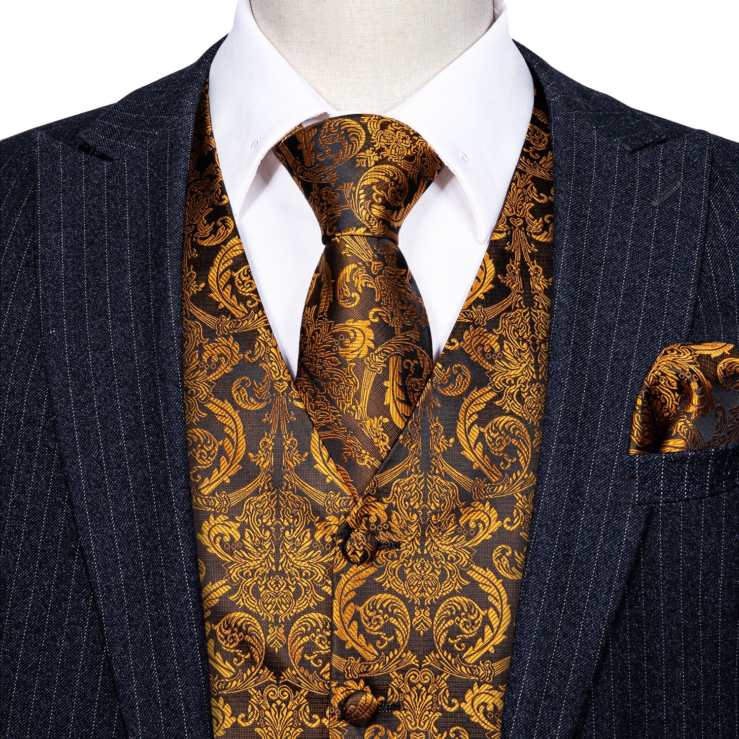 Men's Gold Brown Paisley Silk Vest Necktie Pocket square Cufflinks