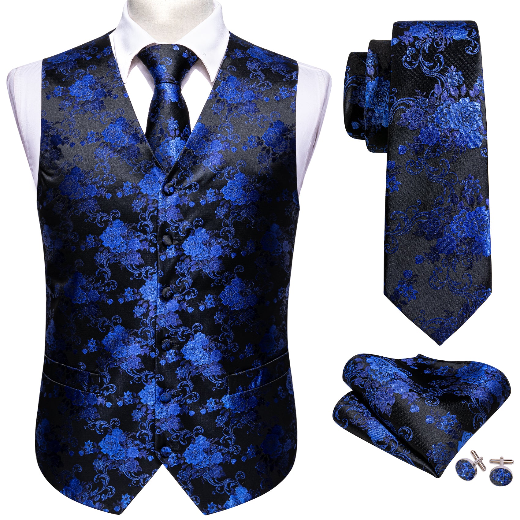 Black Blue Flower Silk Vest Necktie Pocket Square Cufflinks Set