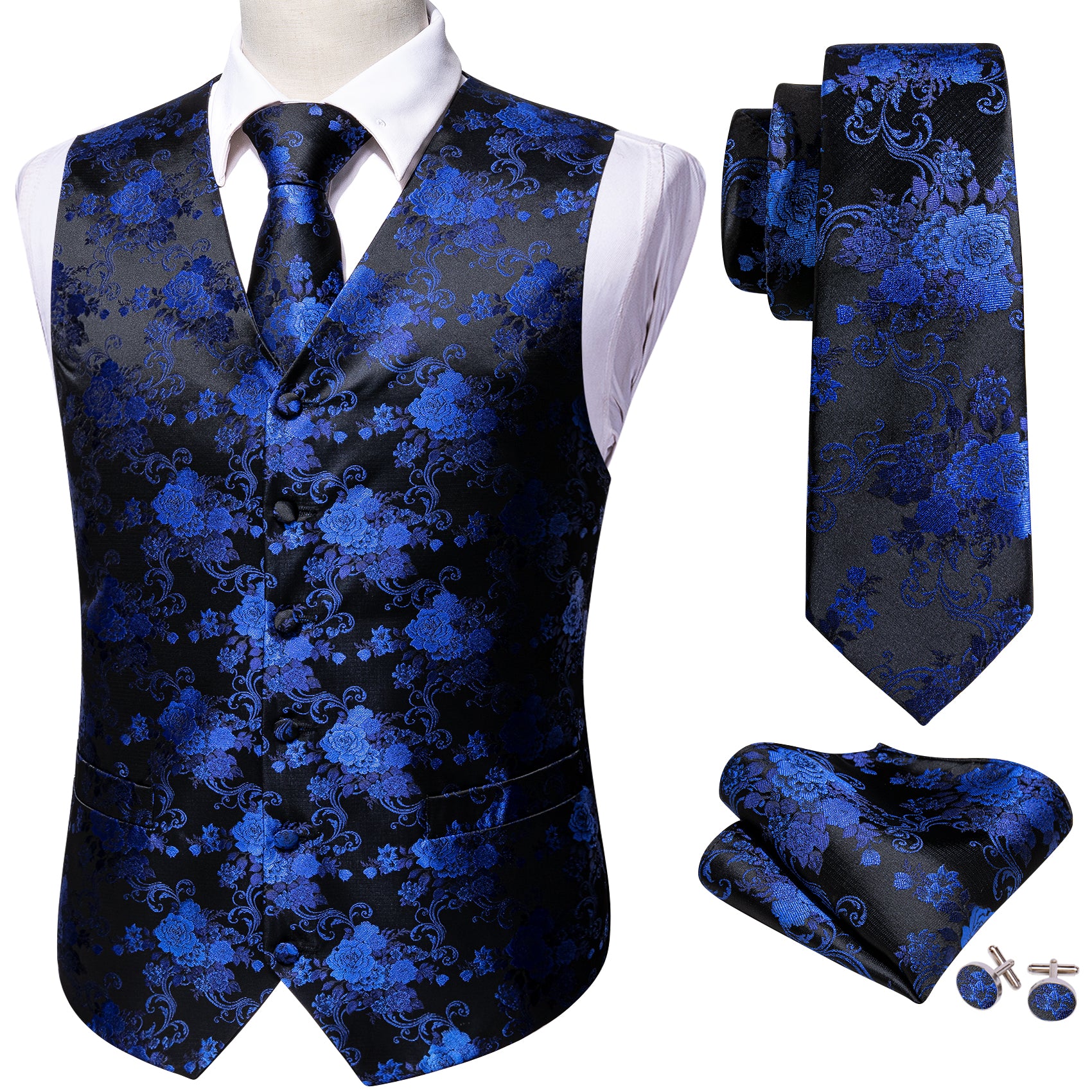 Black Blue Flower Silk Vest Necktie Pocket Square Cufflinks Set
