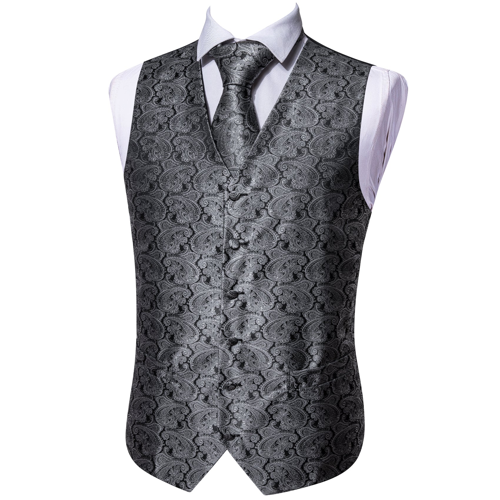 Grey Black Paisley Silk Vest Necktie Pocket square Cufflinks