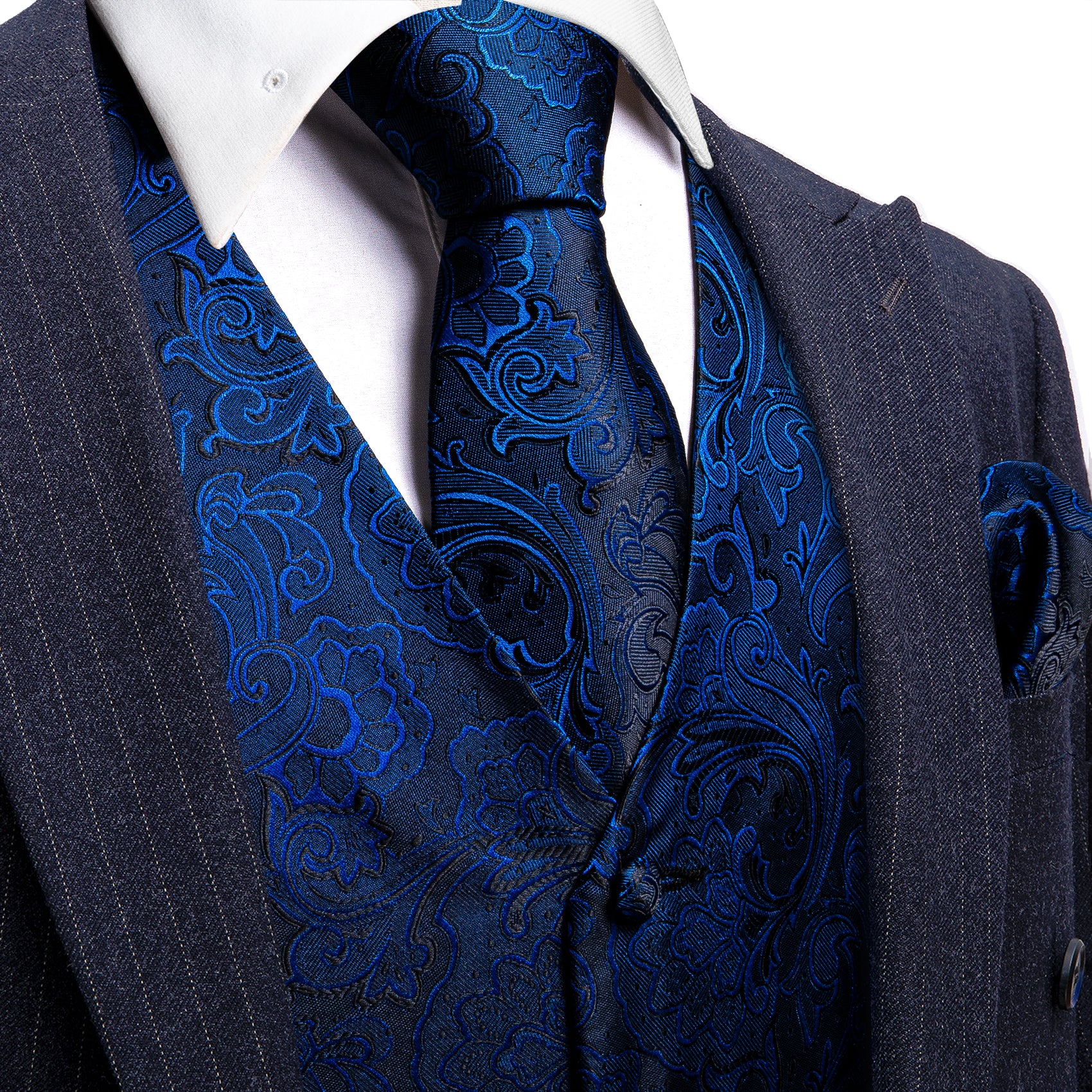 Wang Blue Black Paisley Silk V Neck Vest Tie Hanky Cufflinks Se
