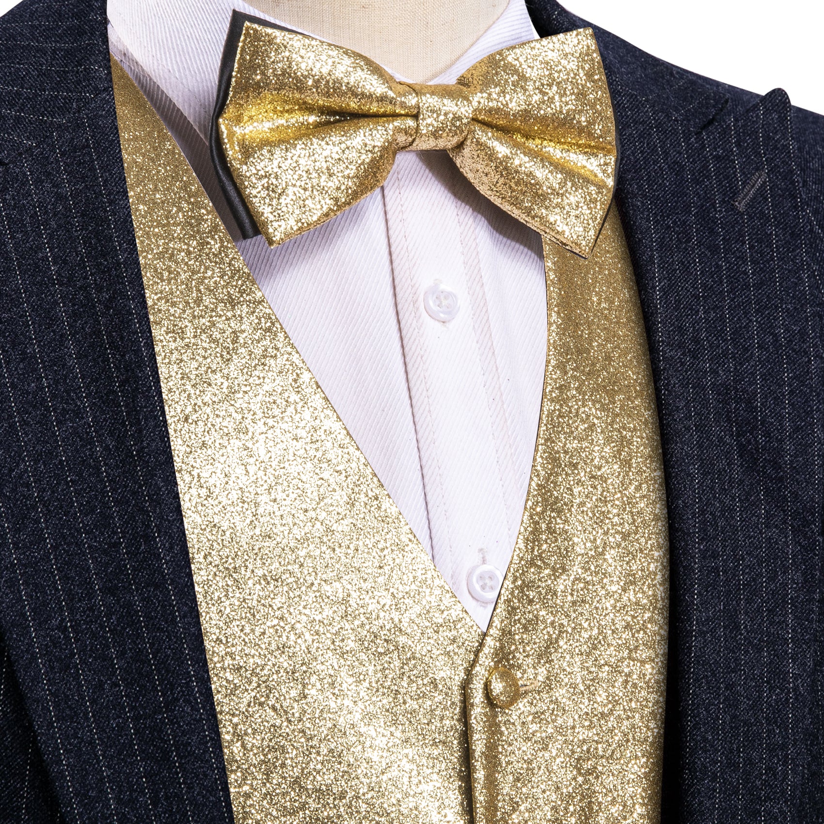 Men's Vest Shining Gold Solid Bow Tie V-Neck Waistcoat Set