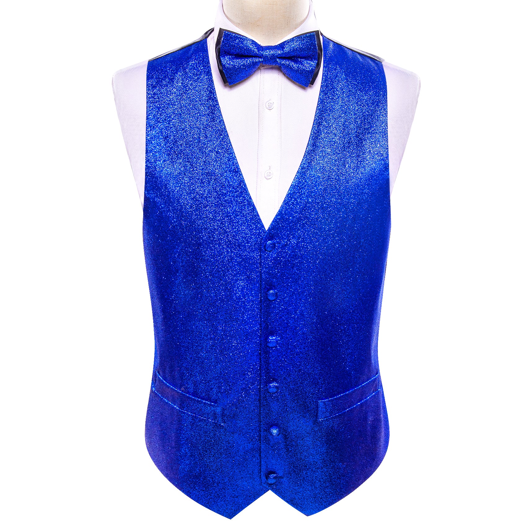 Shining Men's Sapphire Blue Solid Silk Bowtie V-Neck Waistcoat Vest Set