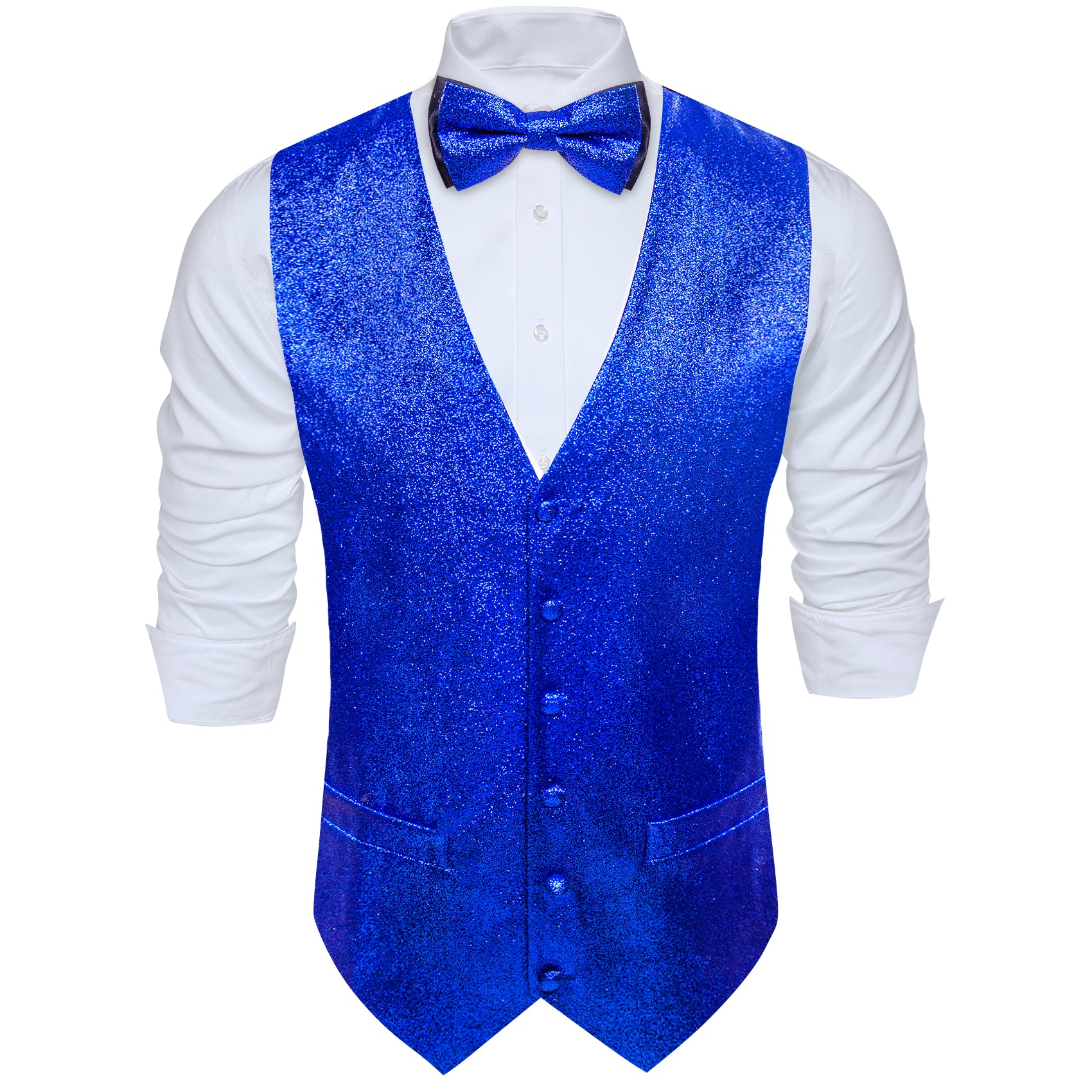 Shining Men's Sapphire Blue Solid Silk Bowtie V-Neck Waistcoat Vest Set