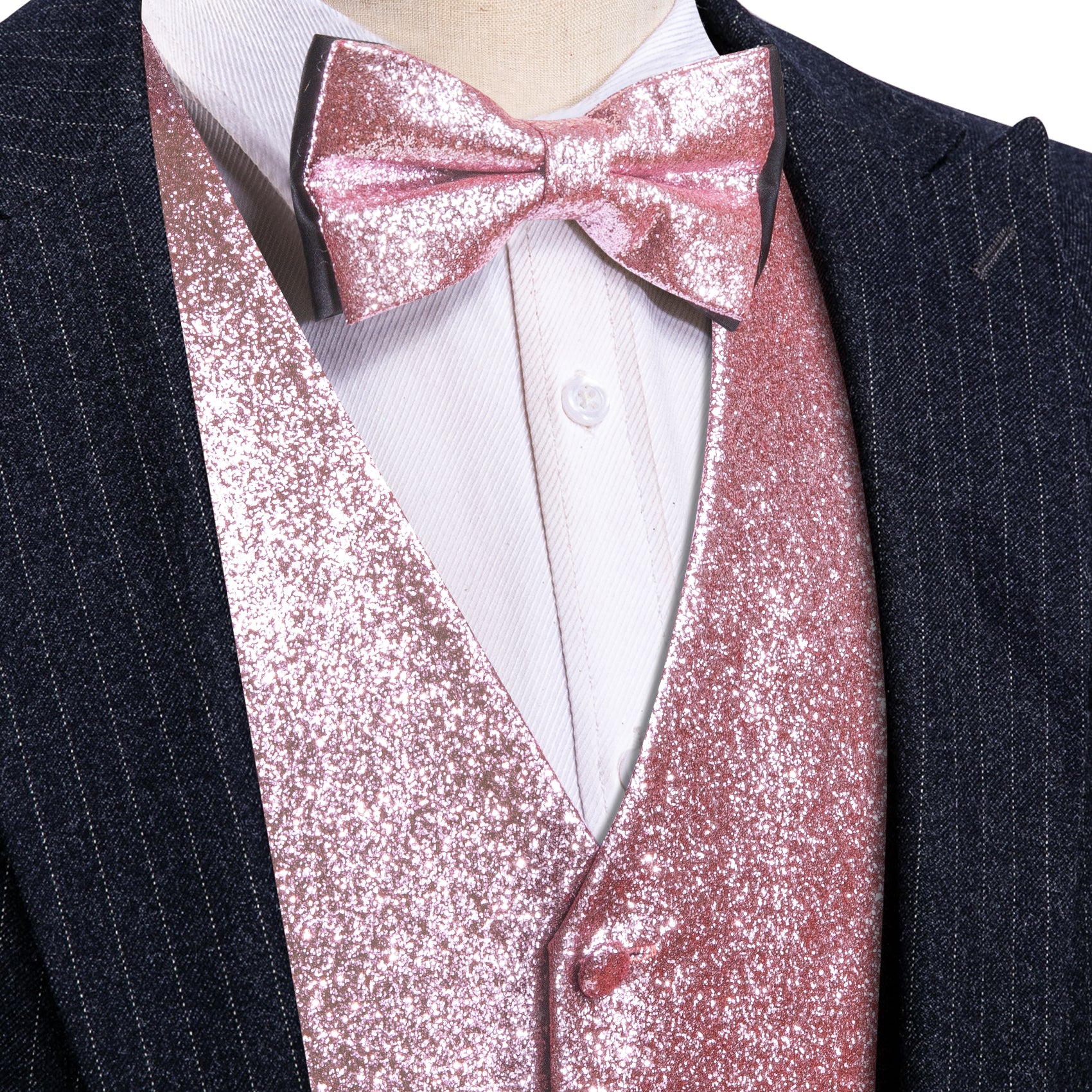 Shining Men's Pink Silk Bowtie V-Neck Waistcoat Vest Set