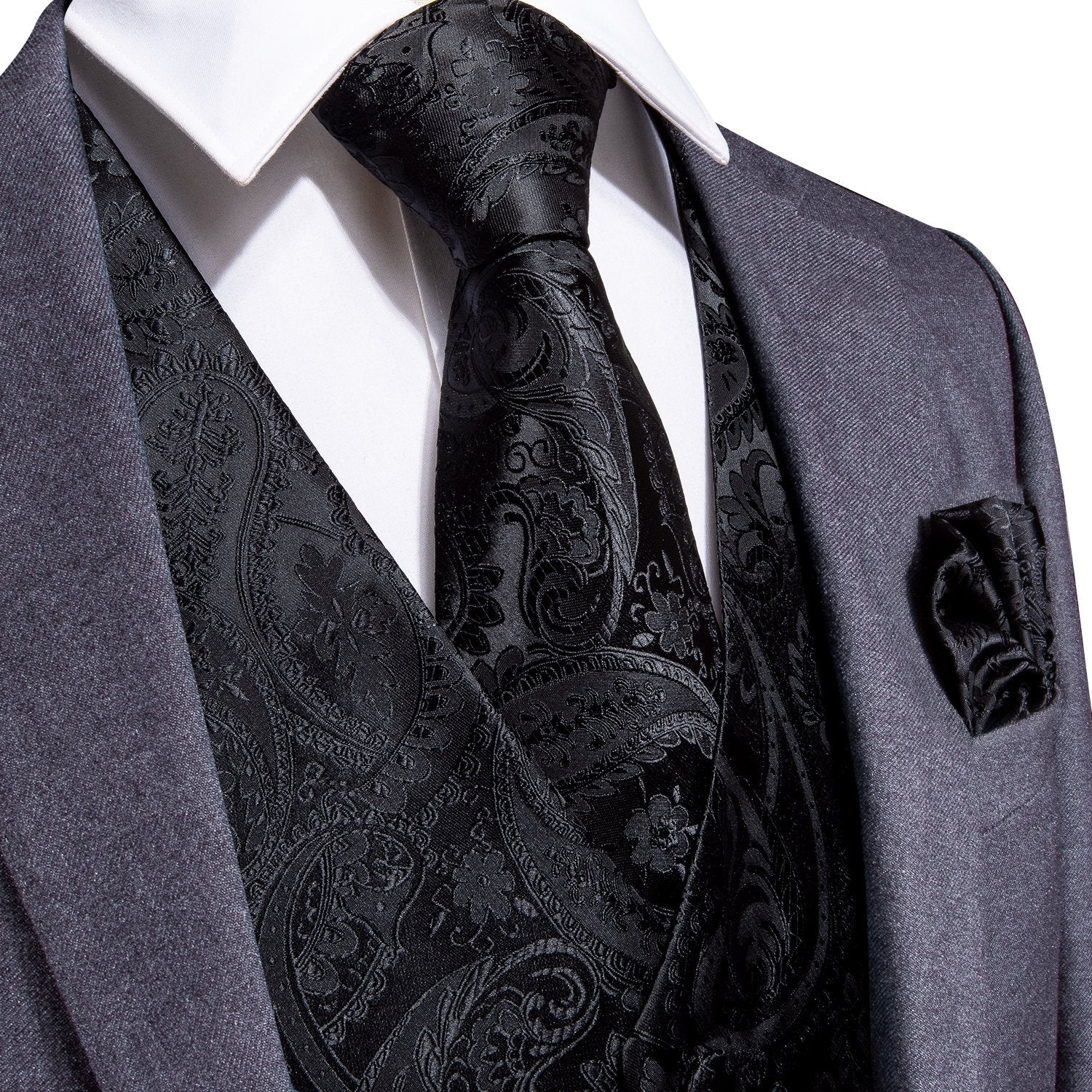 Barry. Wang Men's Black Paisley Silk Vest Necktie Pocket square Cufflinks