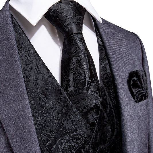 Barry. Wang Black Suit Vest Paisley Jacquard Dress Waistcoat Tie Pocket Square Cufflinks Set