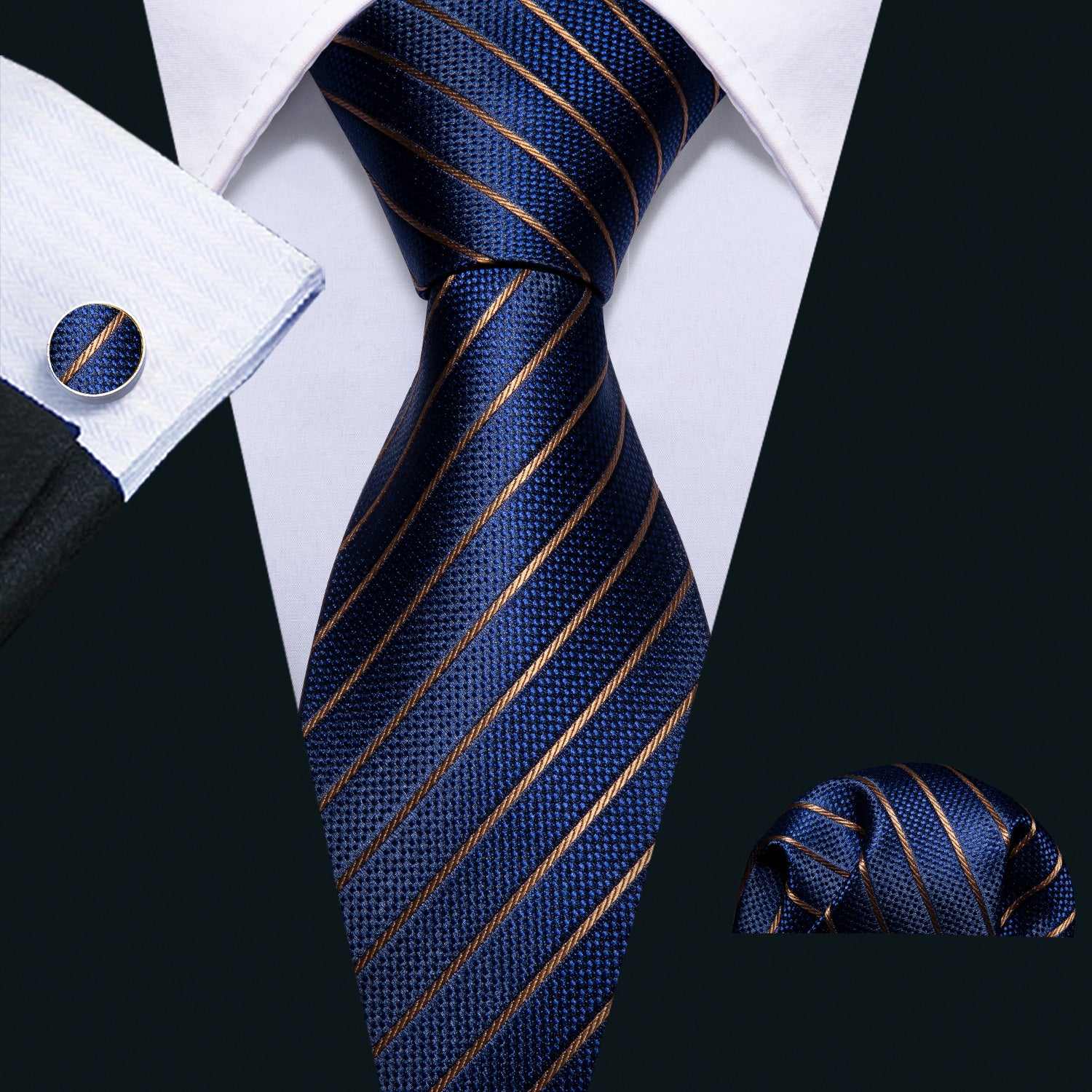 Barry. Wang Navy Blue Striped Tie Gold Silk Necktie Pocket Square Cuff Barry. Wang Navy Blue Striped Tie Gold Silk Necktie Pocket Square Cuff