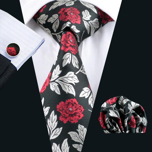 Silver Red Black Floral Men's Tie Pocket Square Cufflinks Set - barry-wang