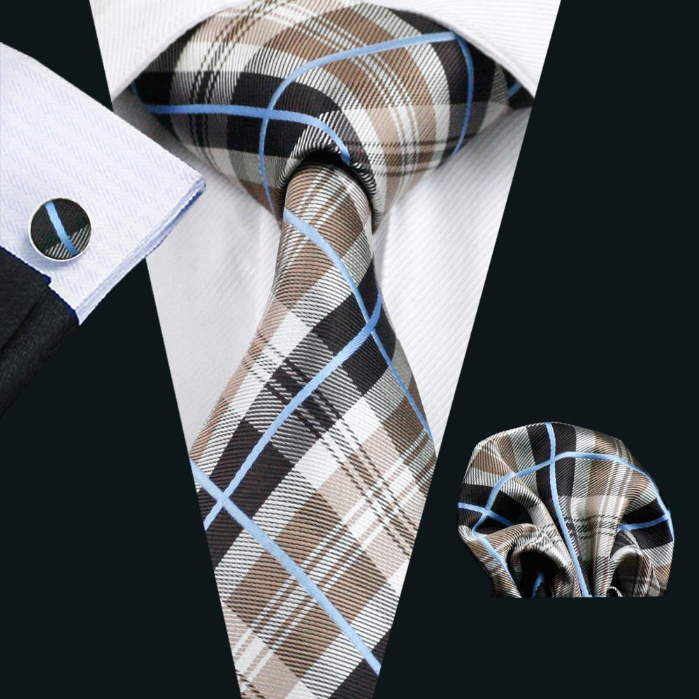 Brown Black White Plaid Silk Men's Tie Pocket Square Cufflinks Set - barry-wang