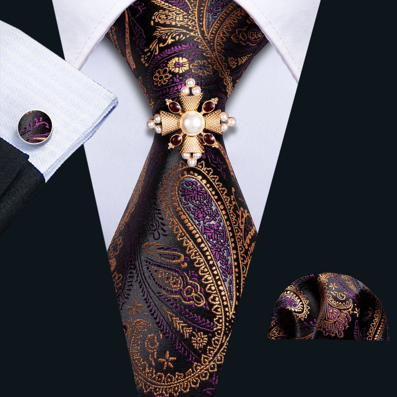 Purple Golden Paisley necktie with gold red tie ring