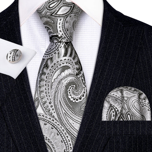 White Tie Black Jacquard Paisley Tie Hanky Cufflinks Set