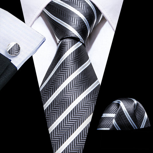 Dark Grey White Striped Men Tie Pocket Square Cufflinks Set