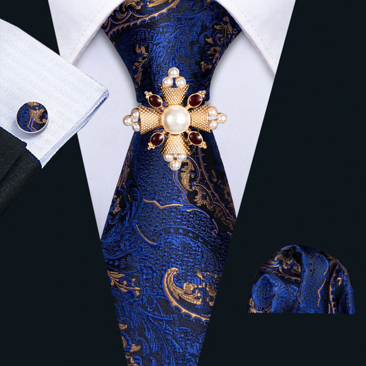 Navy Blue Gold Paisley Men Tie Set 8.5cm Neckties with Ring