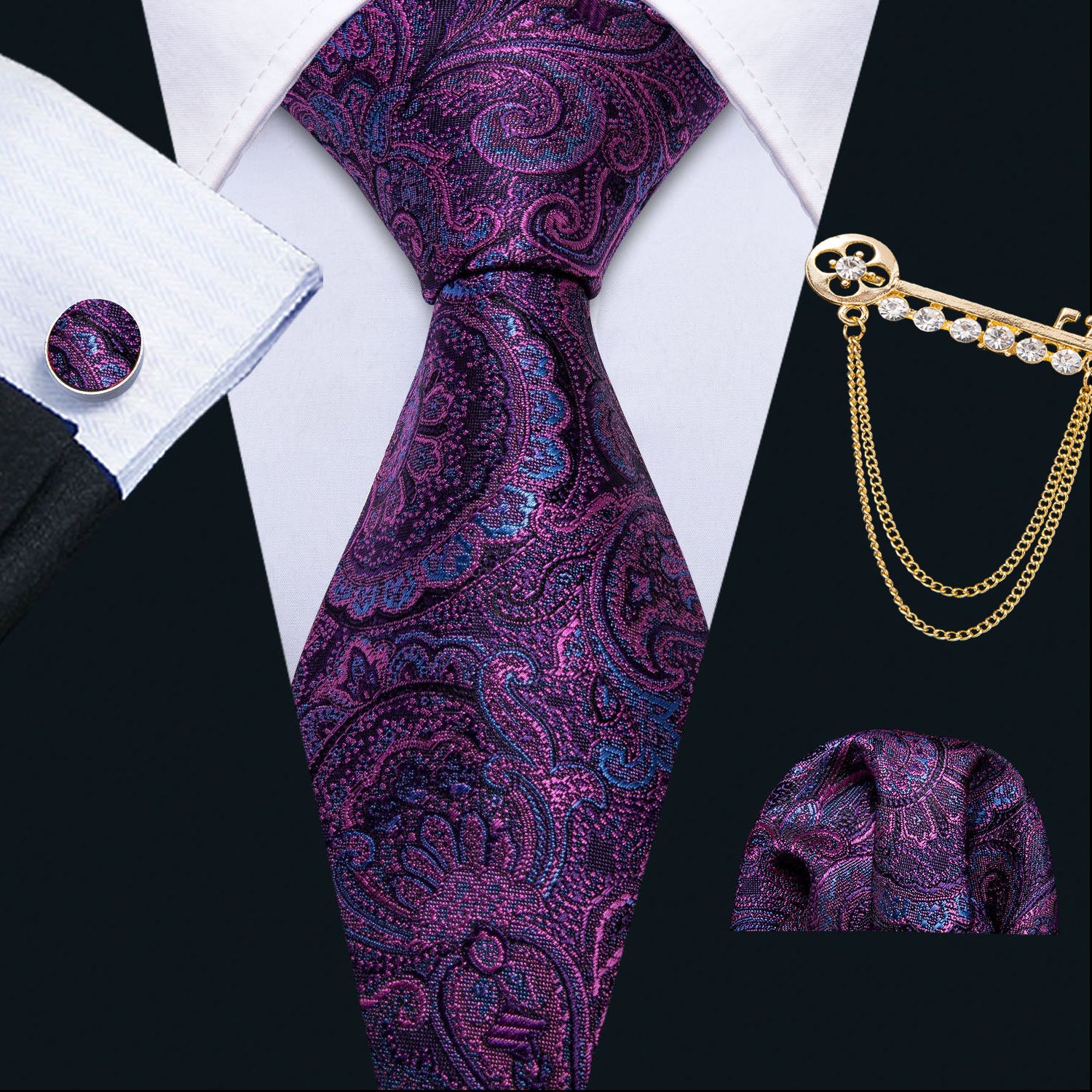 Barry Wang Purple Paisley Men's Necktie Lapel Pin Square Cufflinks Set