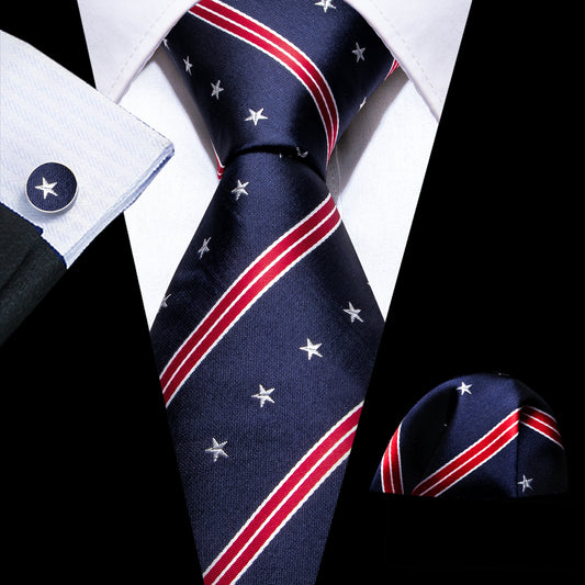 Dark Blue Tie Red Stripe Men's Necktie Hanky Cufflinks Set