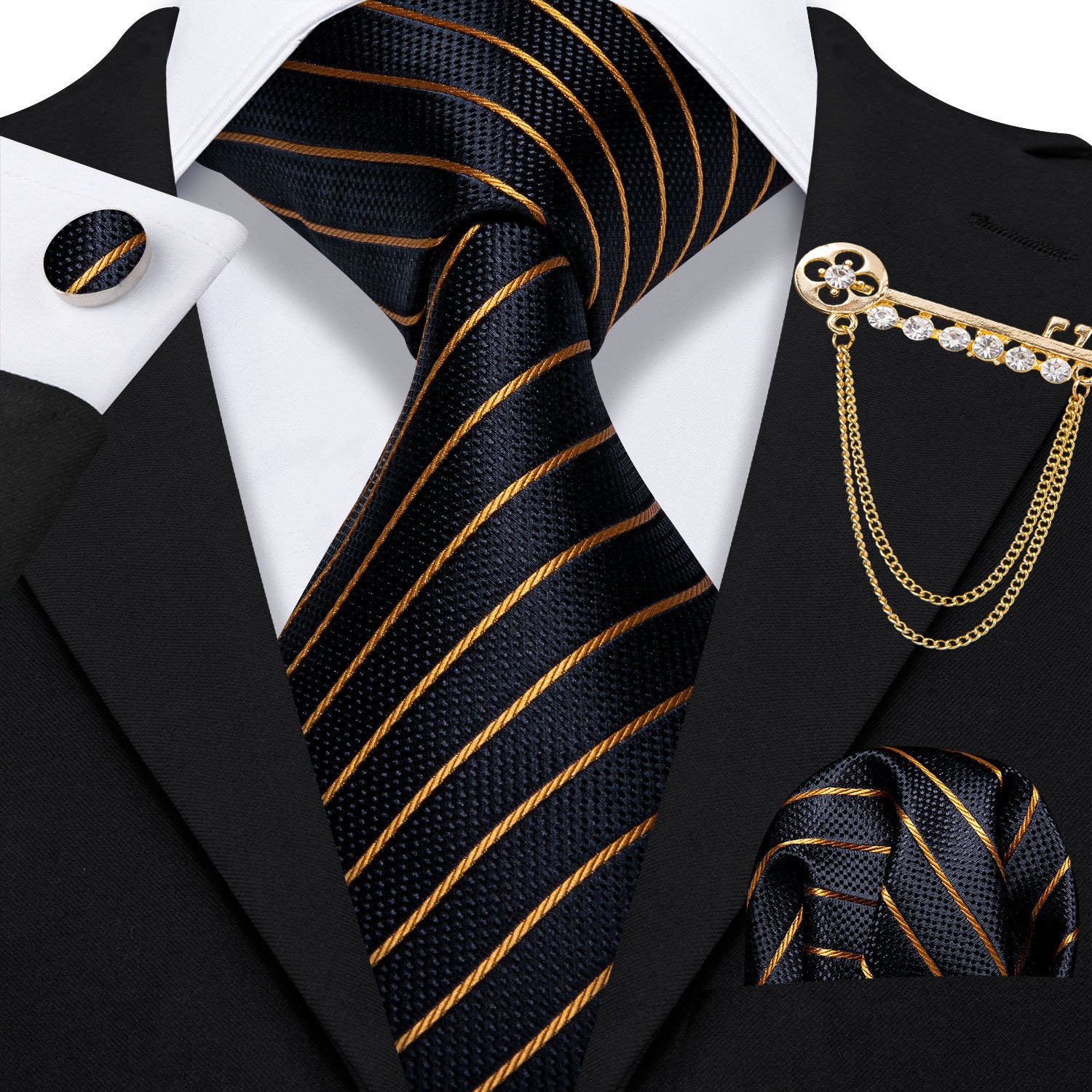 Black Tie Gold Stripes Tie Lapel Pin Hanky Cufflinks Set