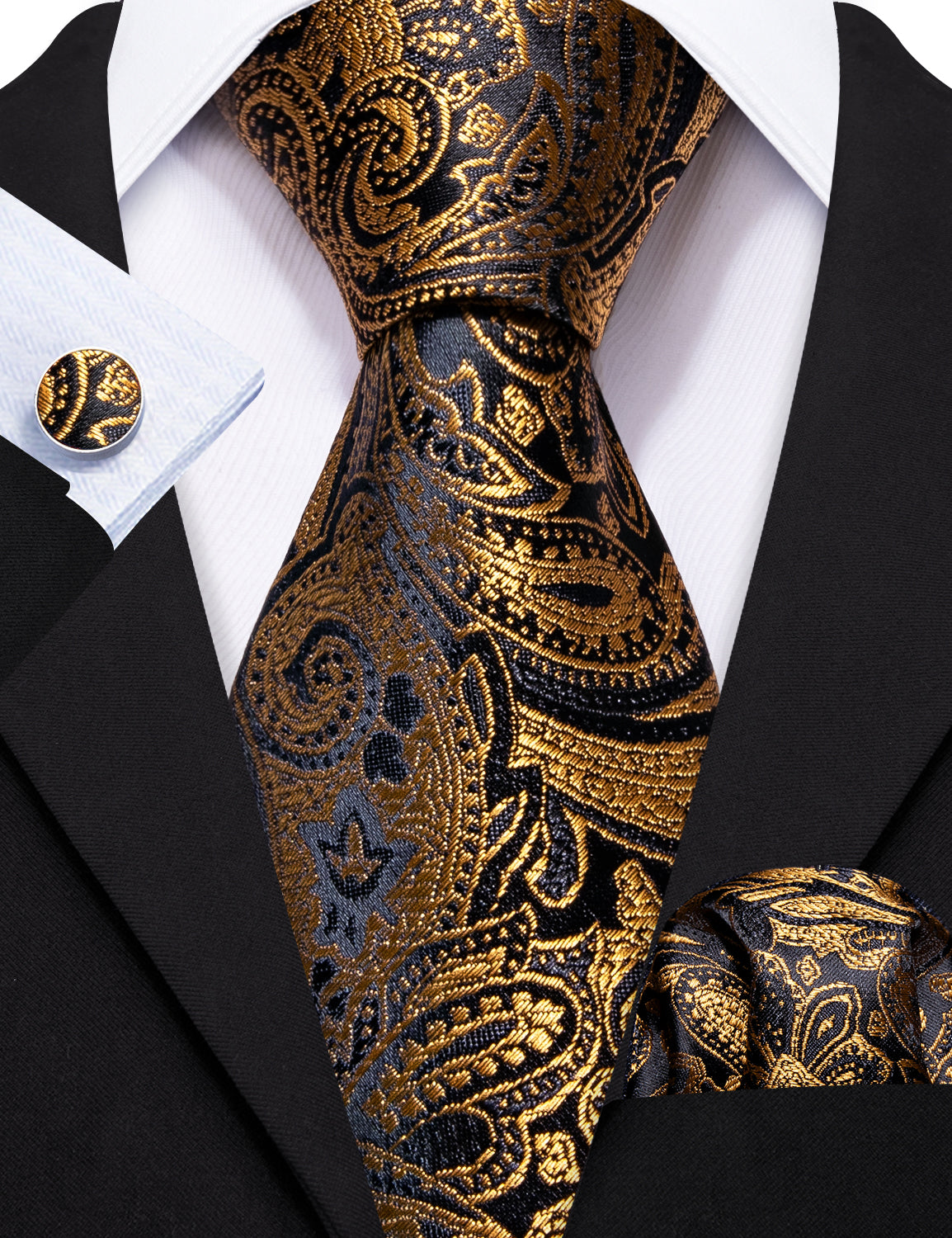 Barry.wang Black Tie Gold  Paisley Silk Tie Pocket Square Cufflinks Set for Men