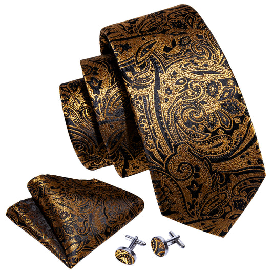 Barry. Wang Golden Paisley Necktie for Men Silk Wedding Tie Hanky Cufflinks Set