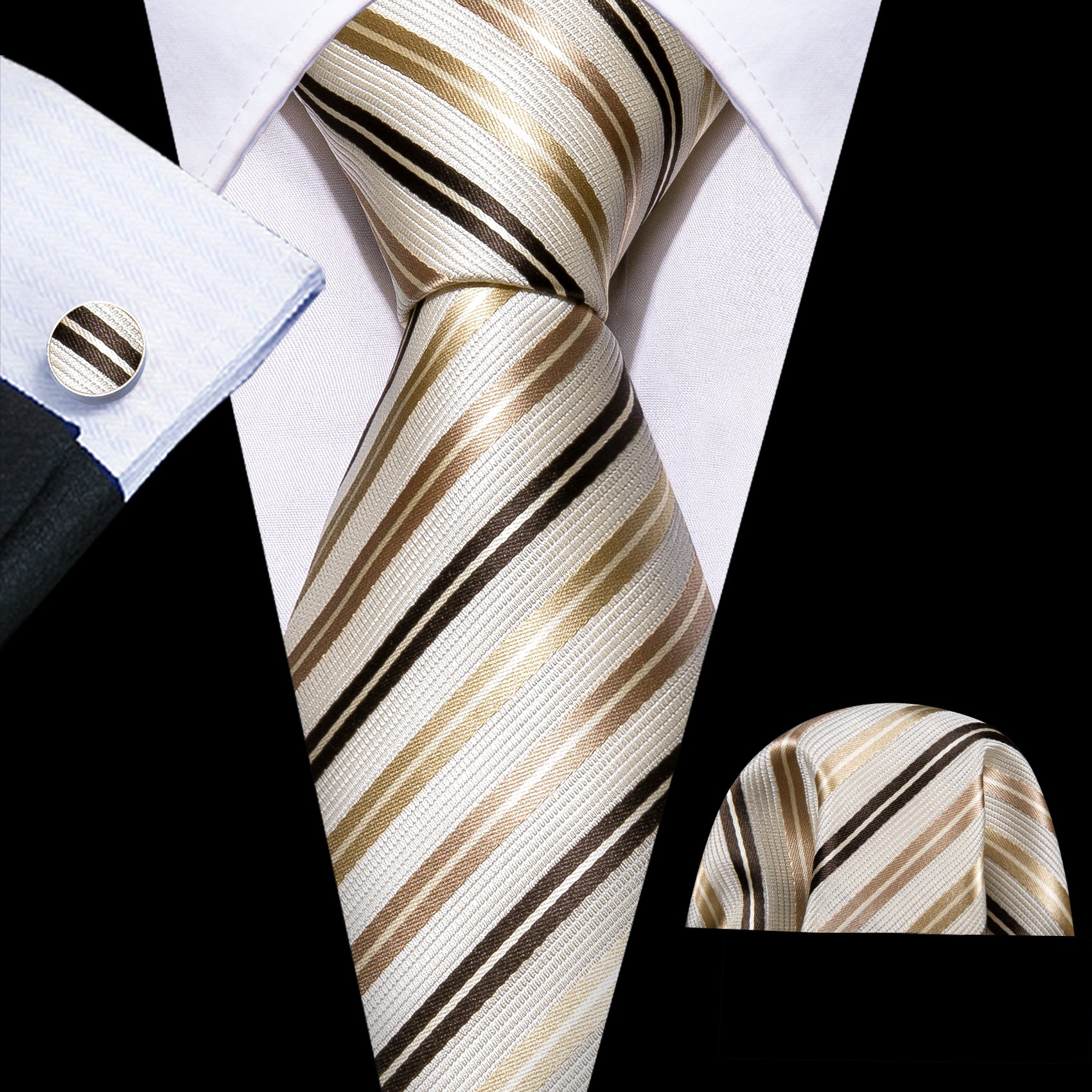 White Gold Striped Silk Tie Handkerchief Cufflinks Set